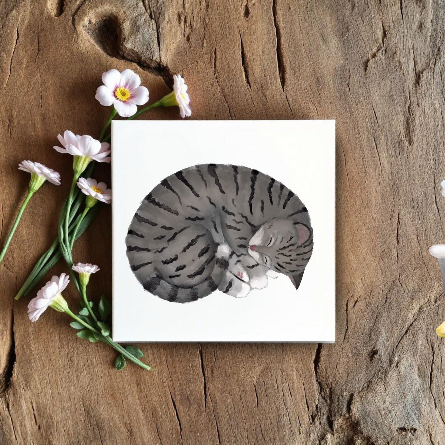 Sleeping Gray Tabby Cat Ceramic Tile - MerikaArt