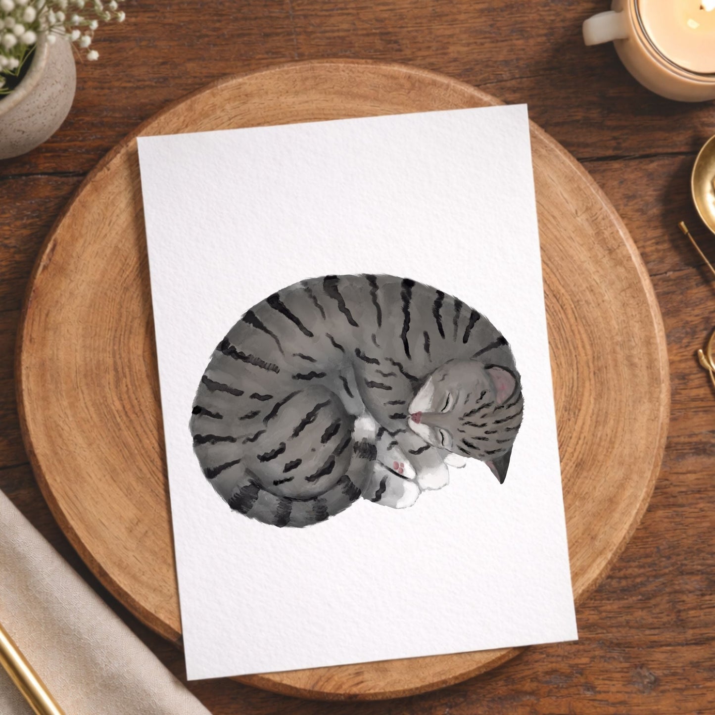 Sleeping Gray Tabby Cat Postcard - MerikaArt