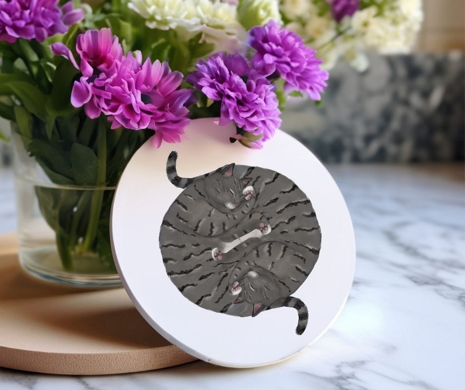 Sleeping Gray Tabby Cats Personalized Ceramic Coaster - MerikaArt