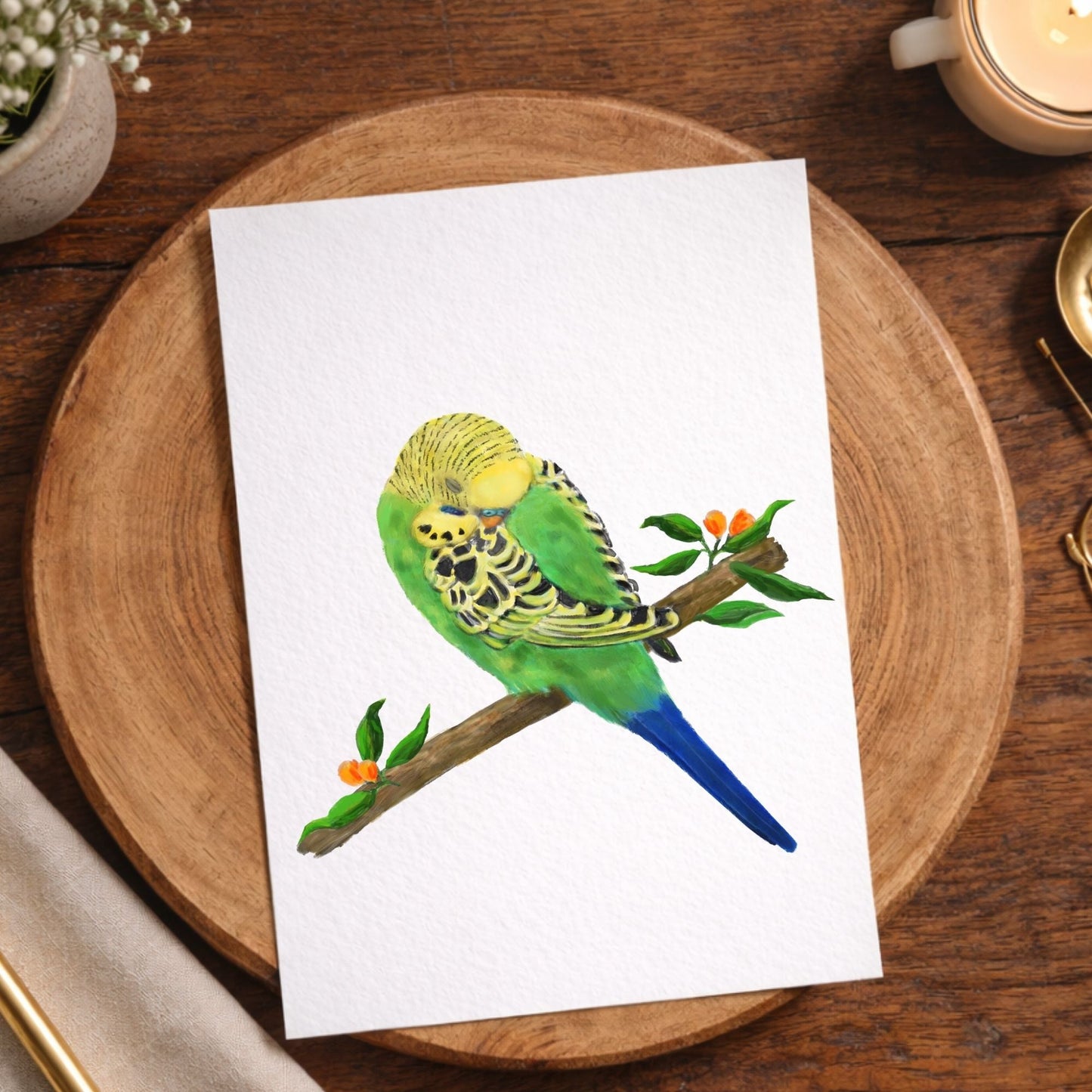 Sleeping Green Budgie Postcard - MerikaArt