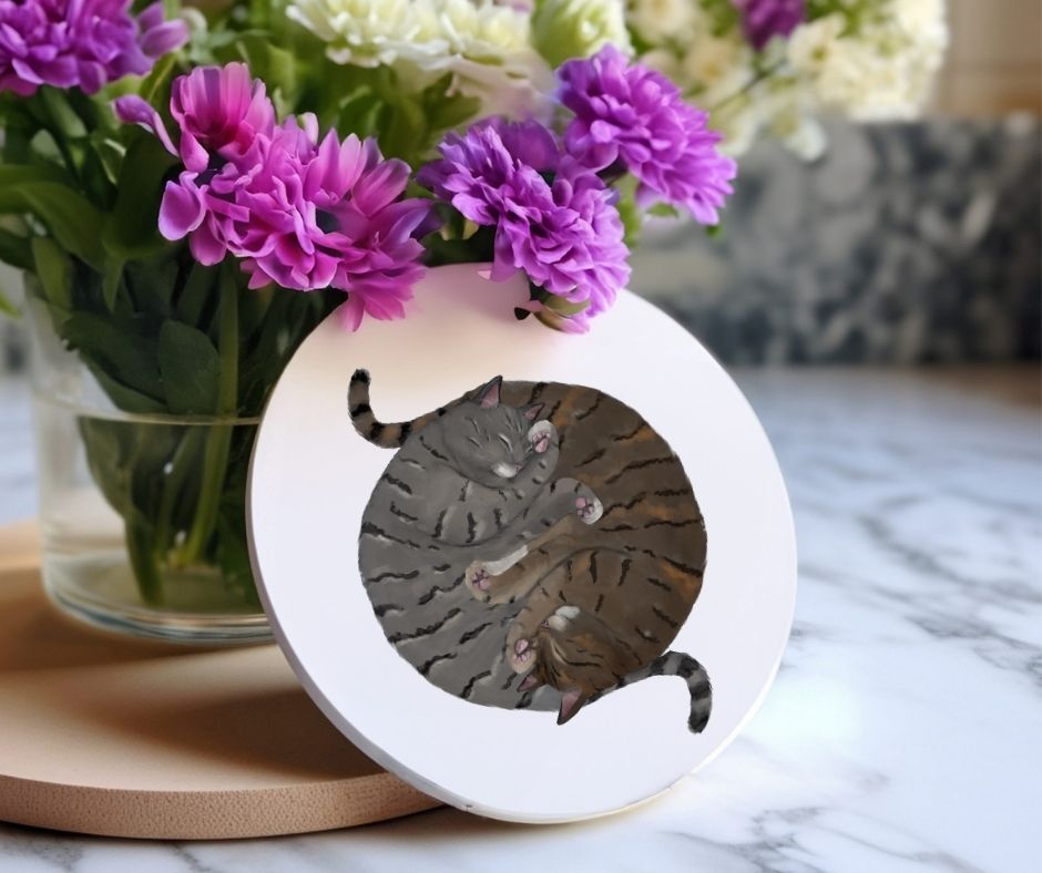 Sleeping Grey and Brown Tabby Cats Ceramic Coaster - MerikaArt
