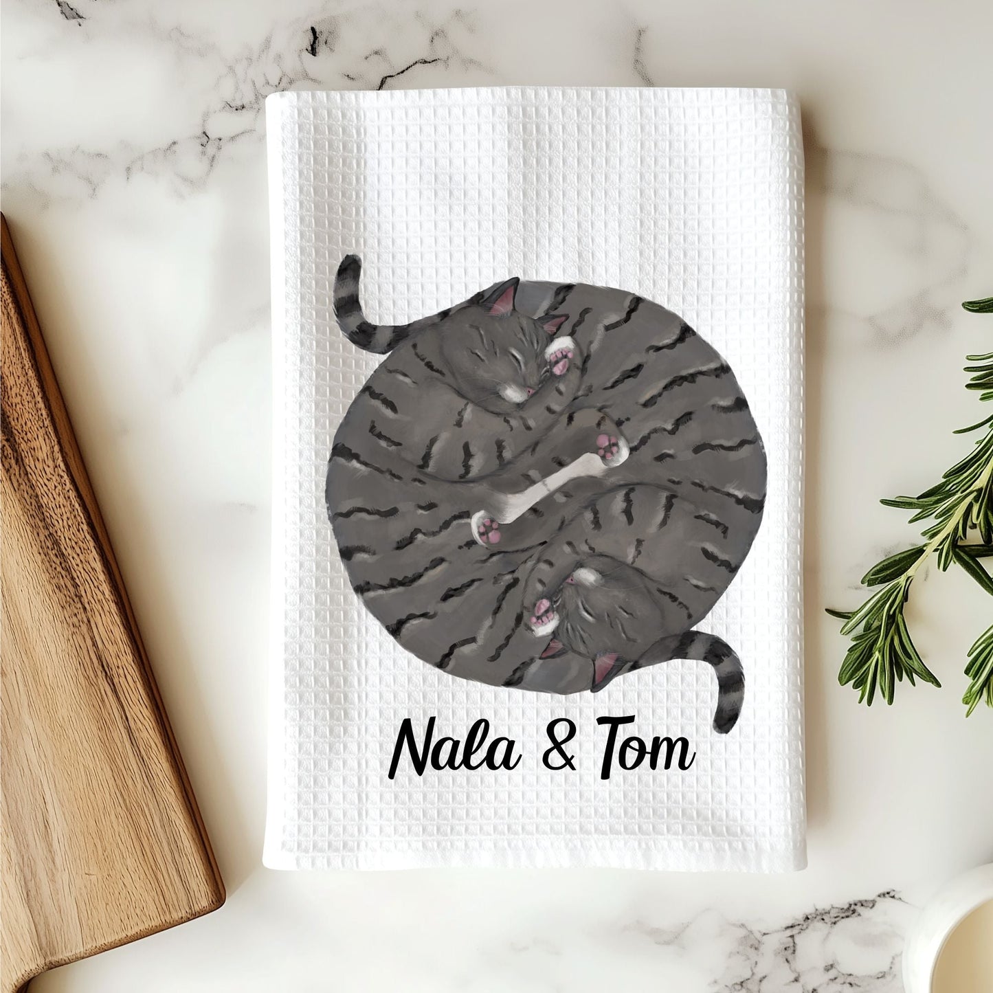 Sleeping Grey Tabby Cats Kitchen Towel - MerikaArt