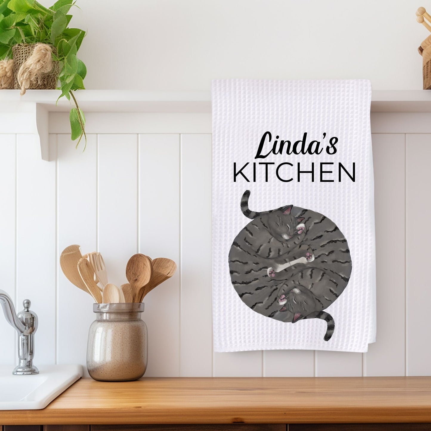 Sleeping Grey Tabby Cats Kitchen Towel - MerikaArt