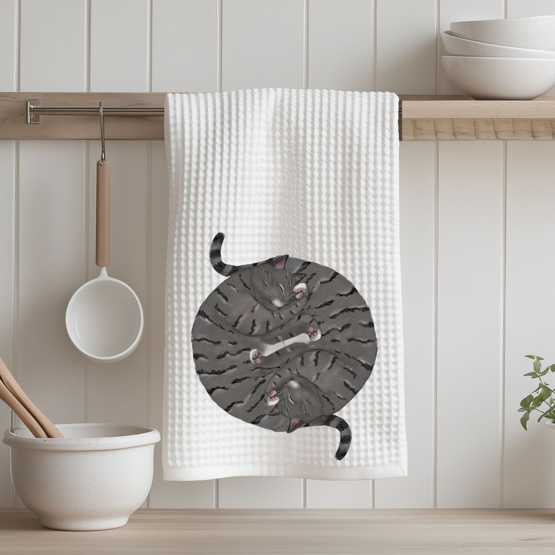 Sleeping Grey Tabby Cats Kitchen Towel - MerikaArt