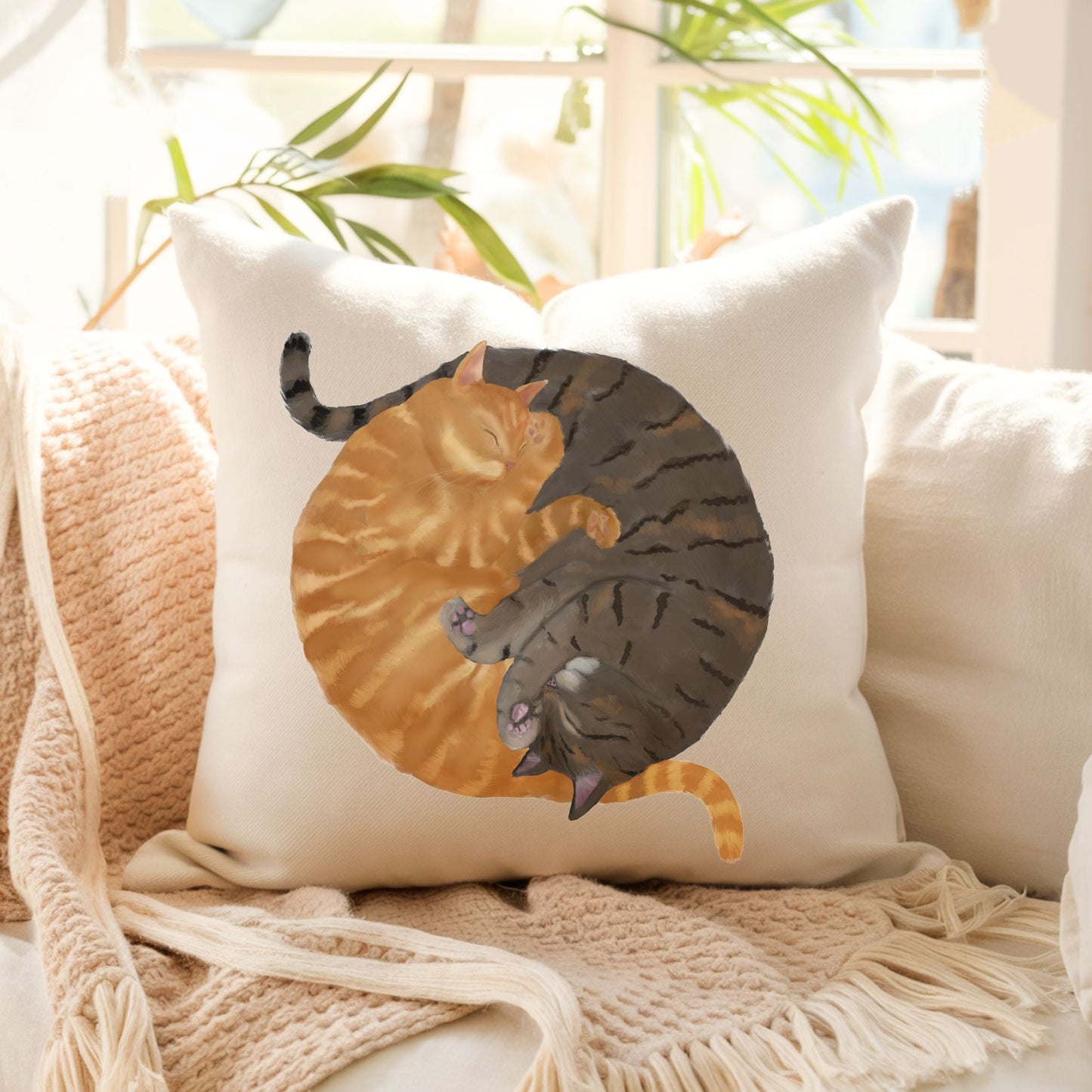 Sleeping Orange and Tabby Cats Pillow - MerikaArt