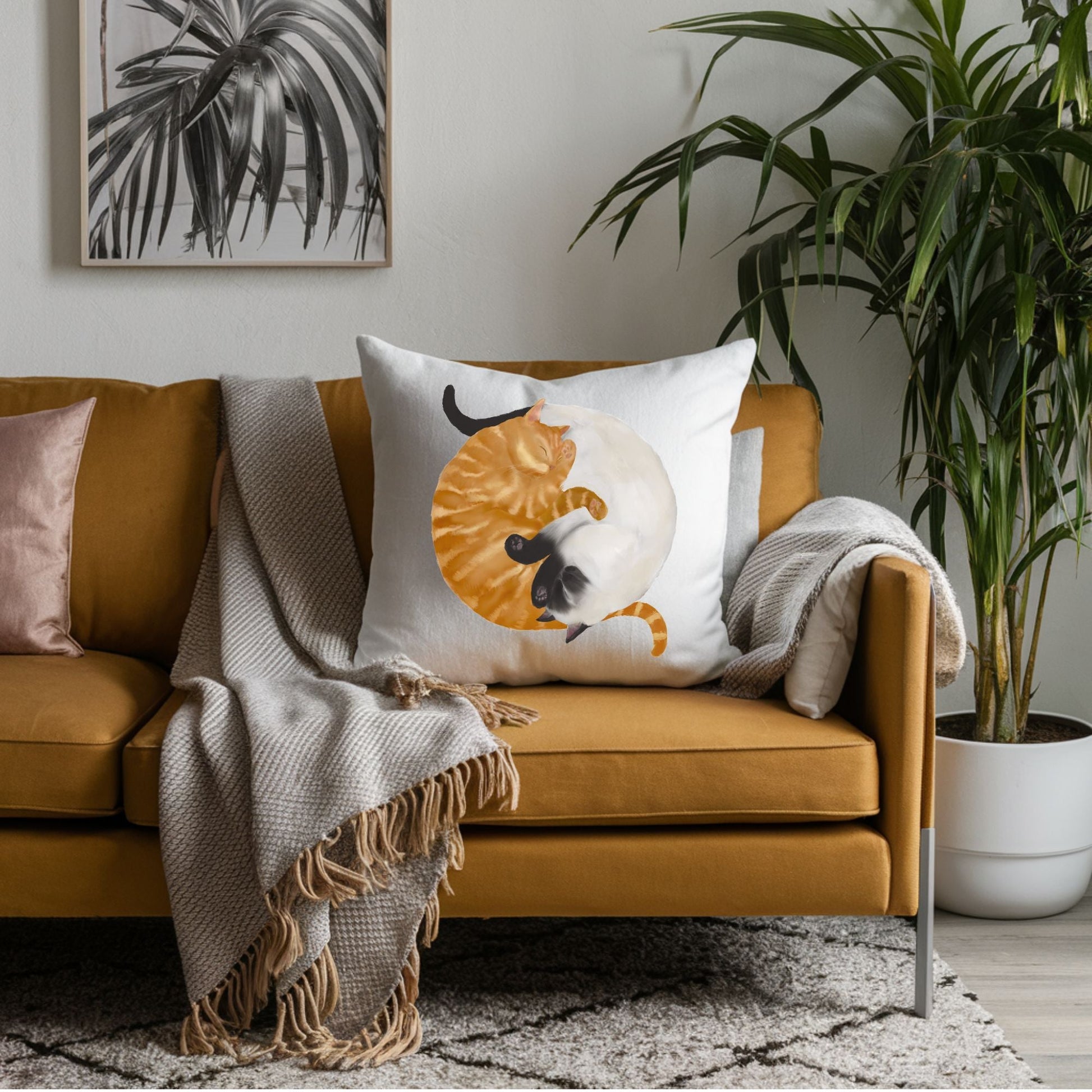Sleeping Orange Tabby and Siamese Cat Pillow - MerikaArt