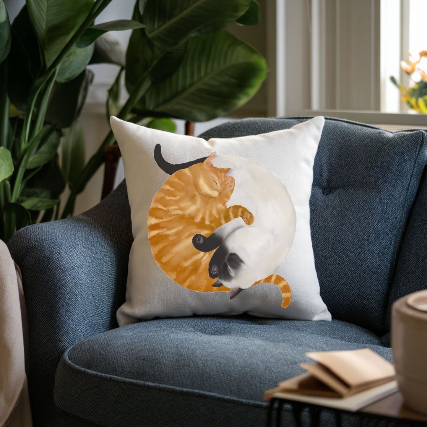 Sleeping Orange Tabby and Siamese Cat Pillow - MerikaArt