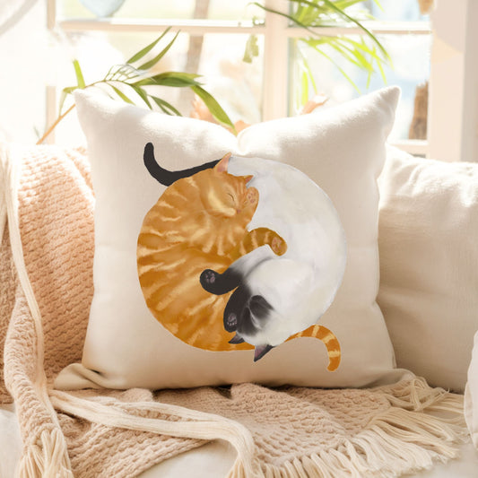 Sleeping Orange Tabby and Siamese Cat Pillow - MerikaArt