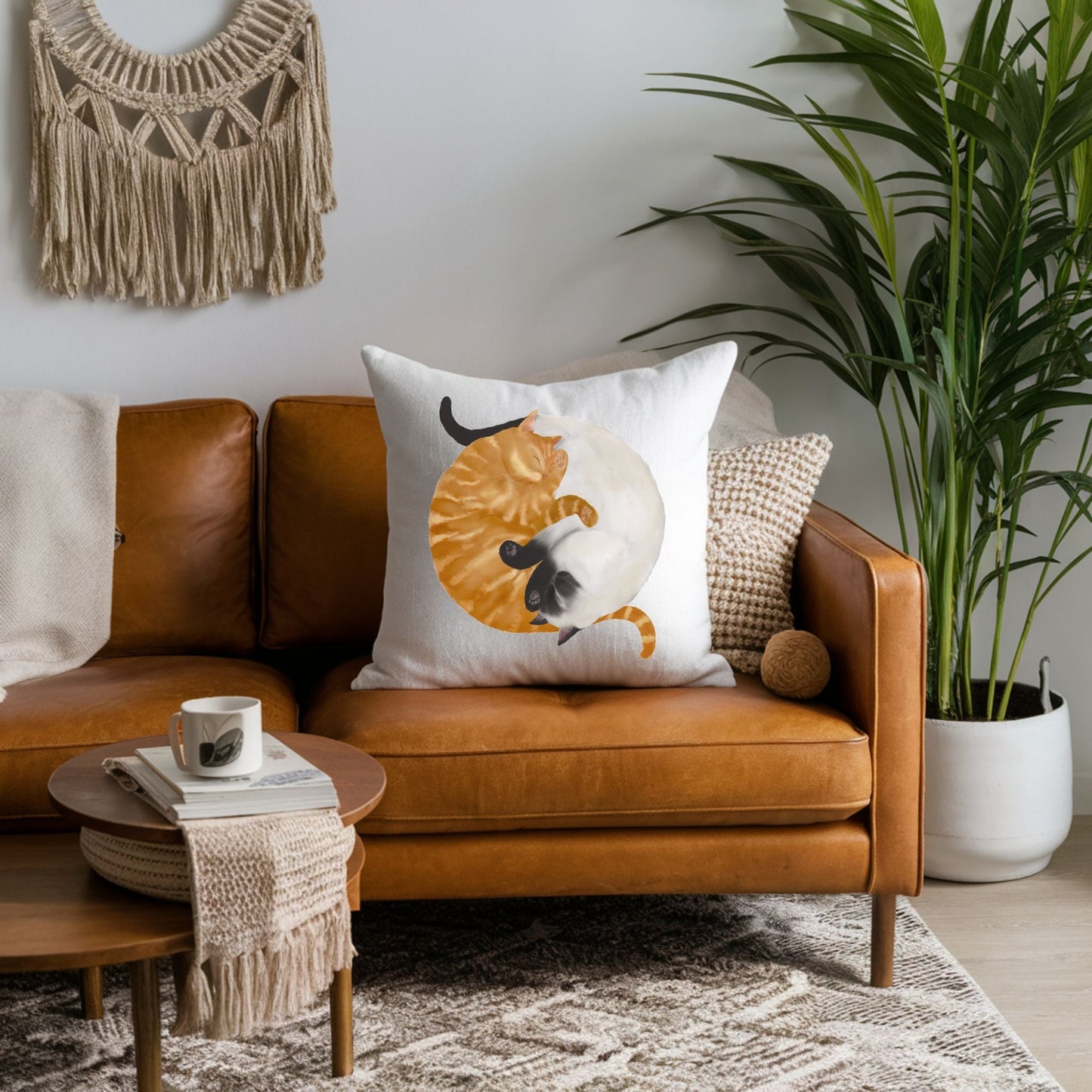 Sleeping Orange Tabby and Siamese Cat Pillow - MerikaArt