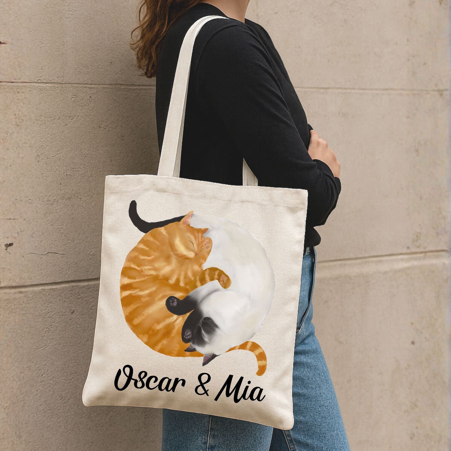 Sleeping Orange Tabby and Siamese Cats Canvas Tote Bag - MerikaArt