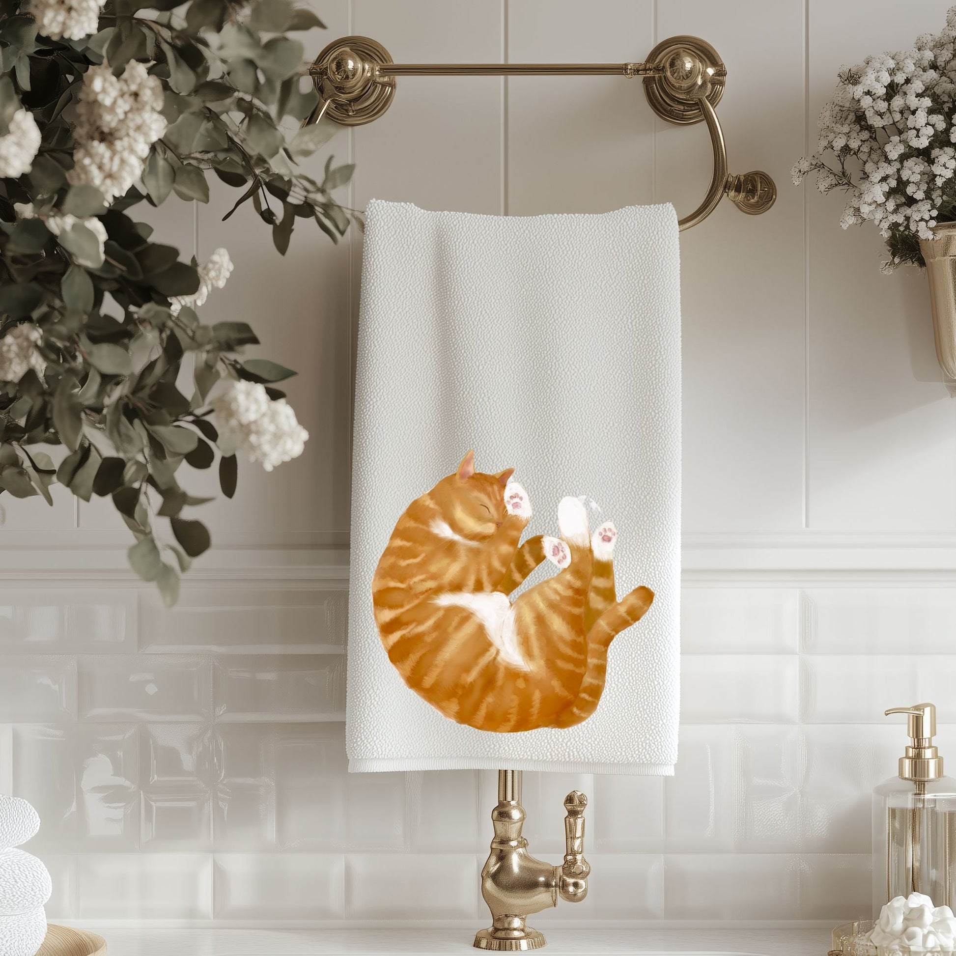 Sleeping Orange Tabby Cat Bathroom Towel - MerikaArt