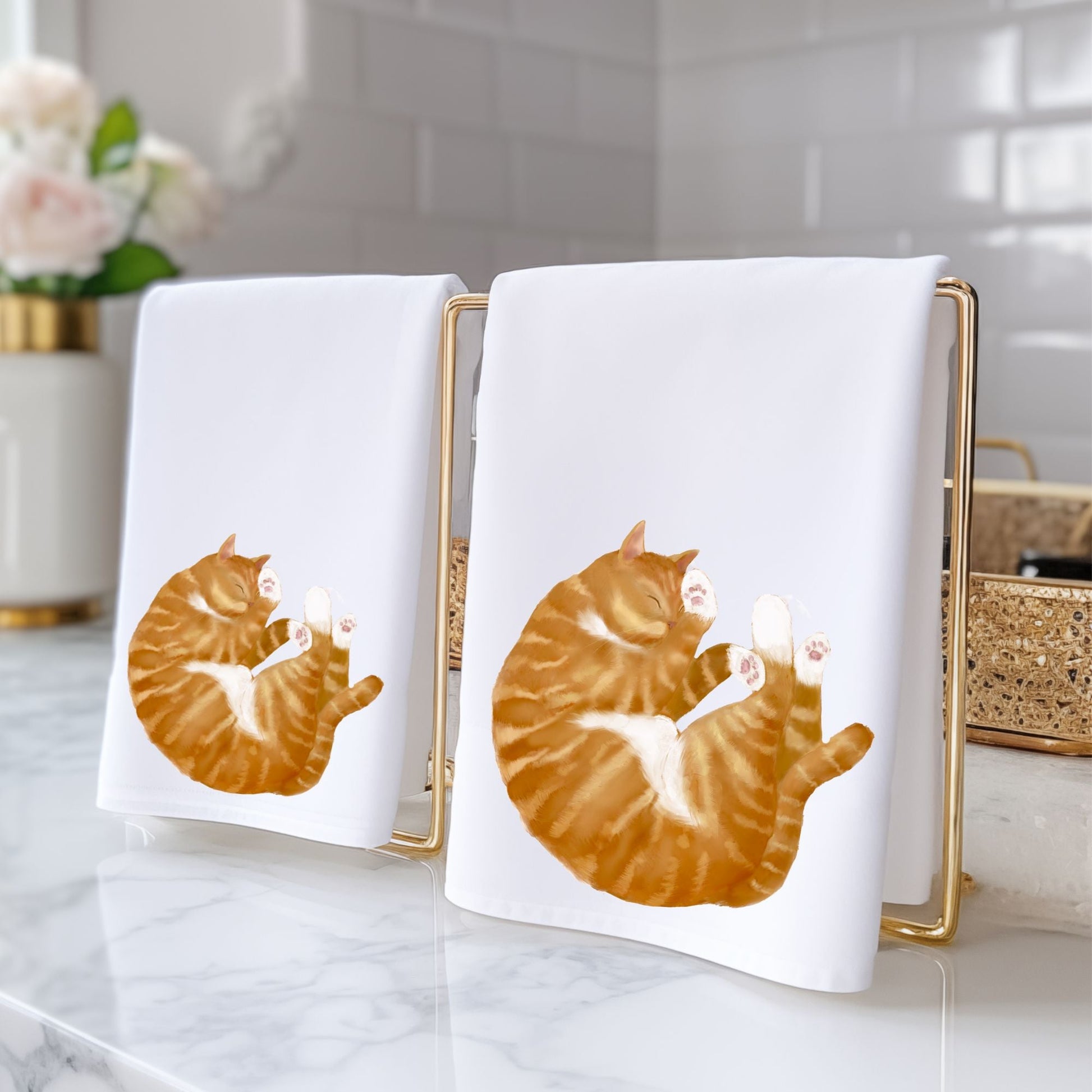 Sleeping Orange Tabby Cat Bathroom Towel - MerikaArt