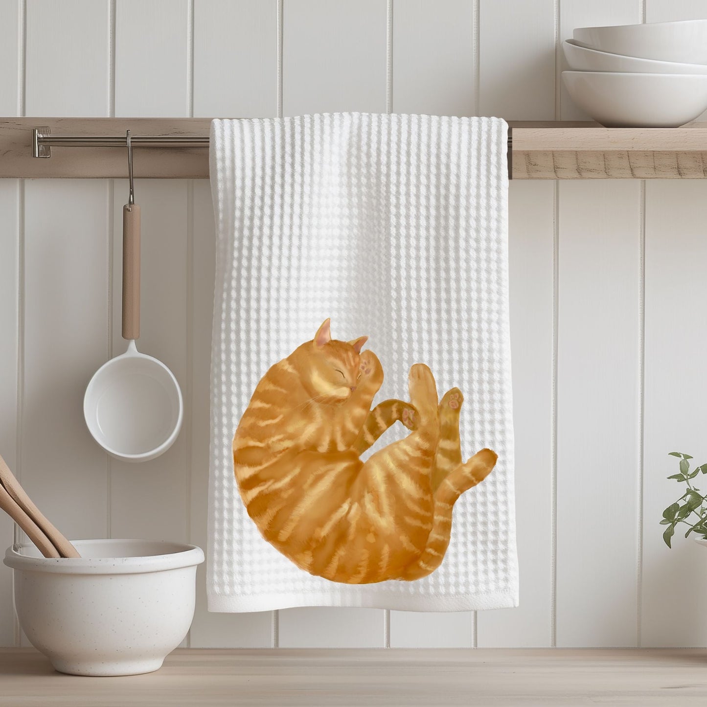Sleeping Orange Tabby Cat Kitchen Towel - MerikaArt