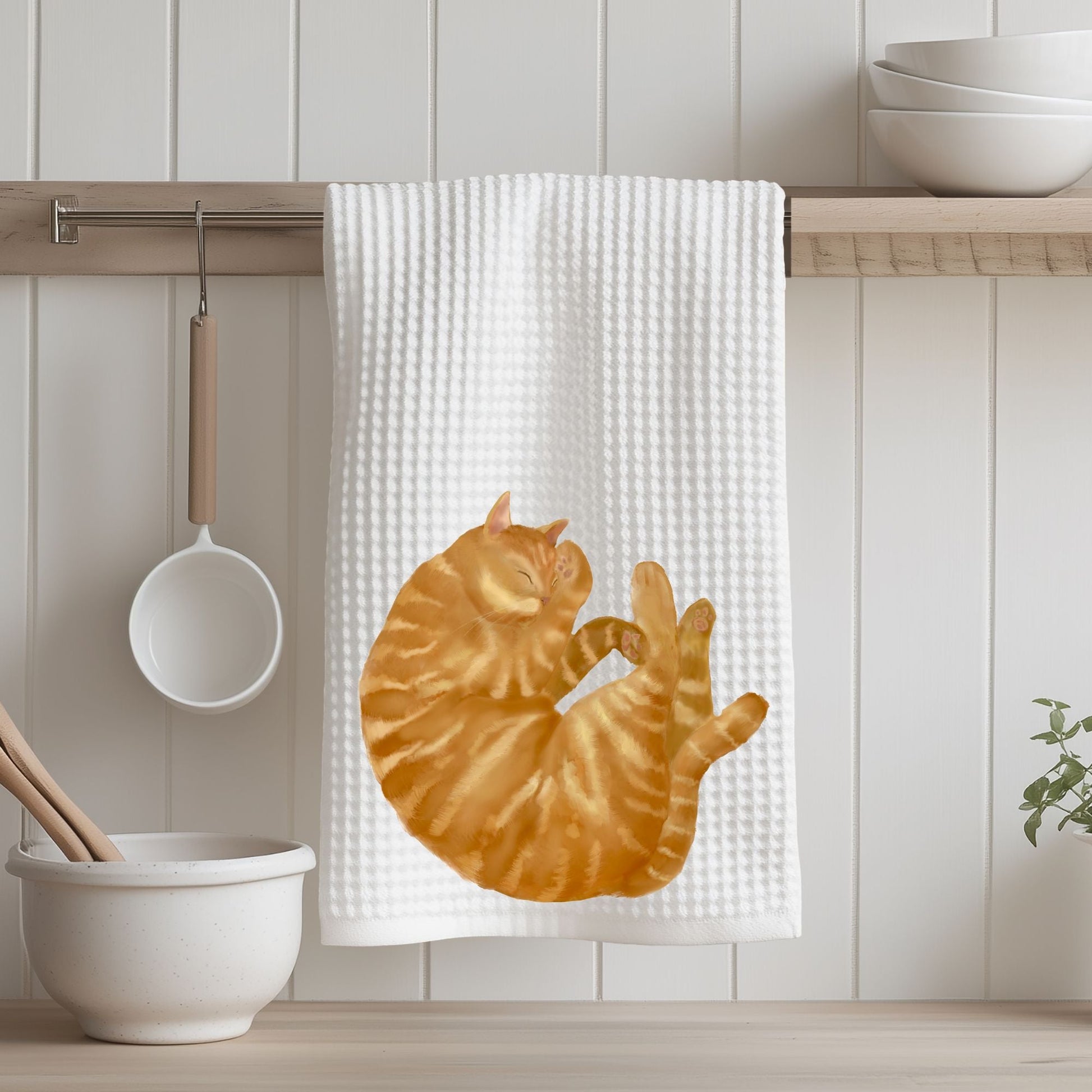 Sleeping Orange Tabby Cat Kitchen Towel - MerikaArt