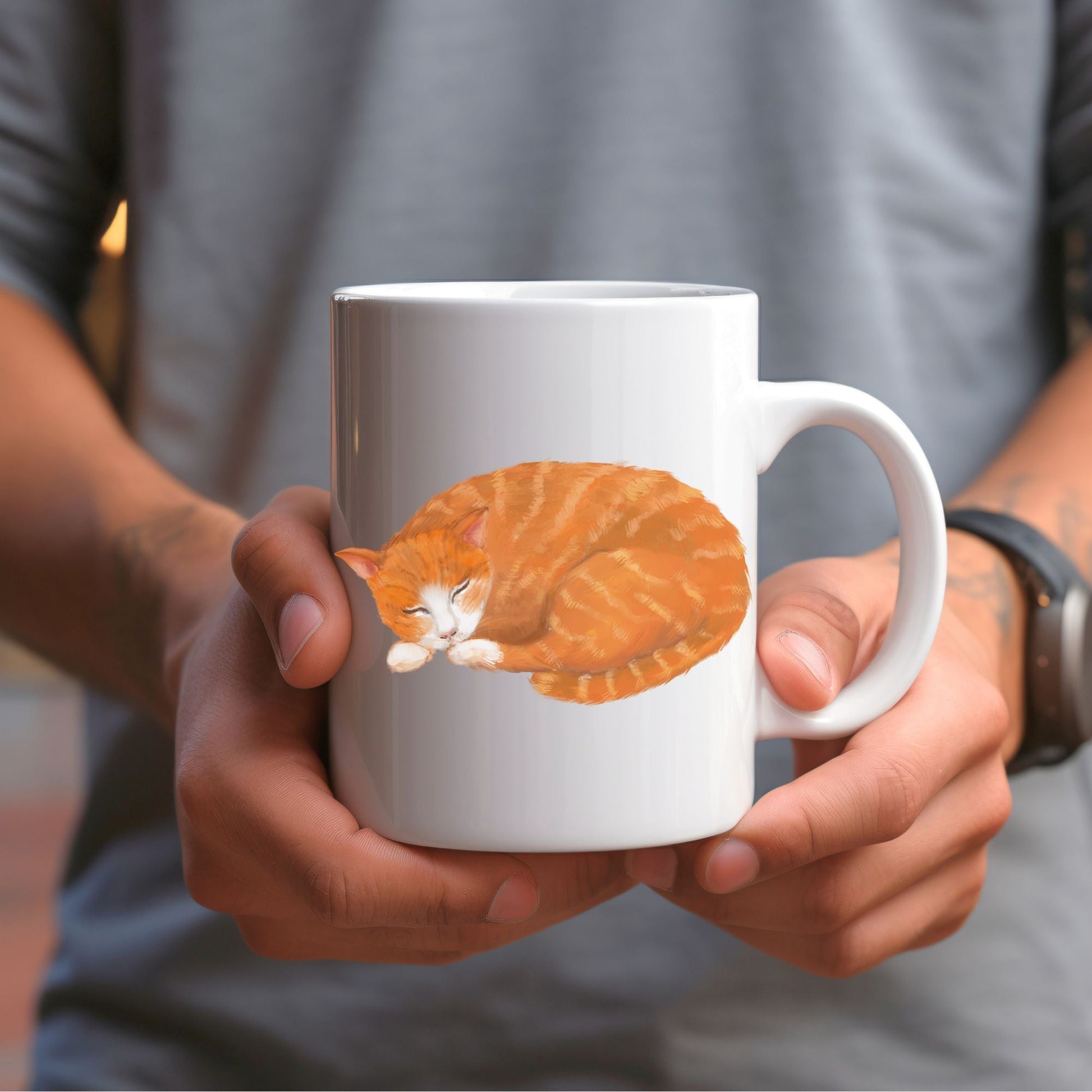 Sleeping Orange Tabby Cat Mug - MerikaArt