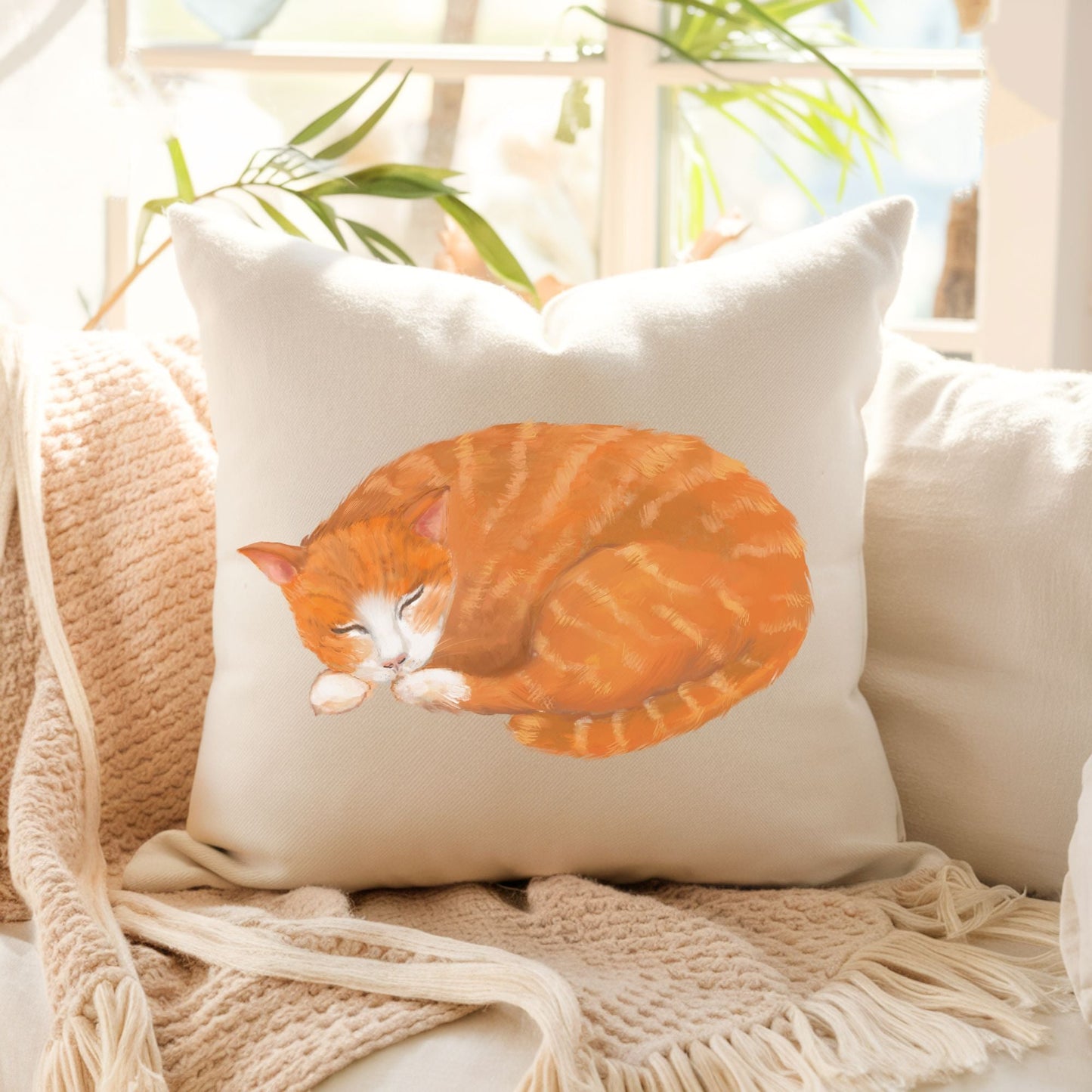 Sleeping Orange Tabby Cat Pillow - MerikaArt