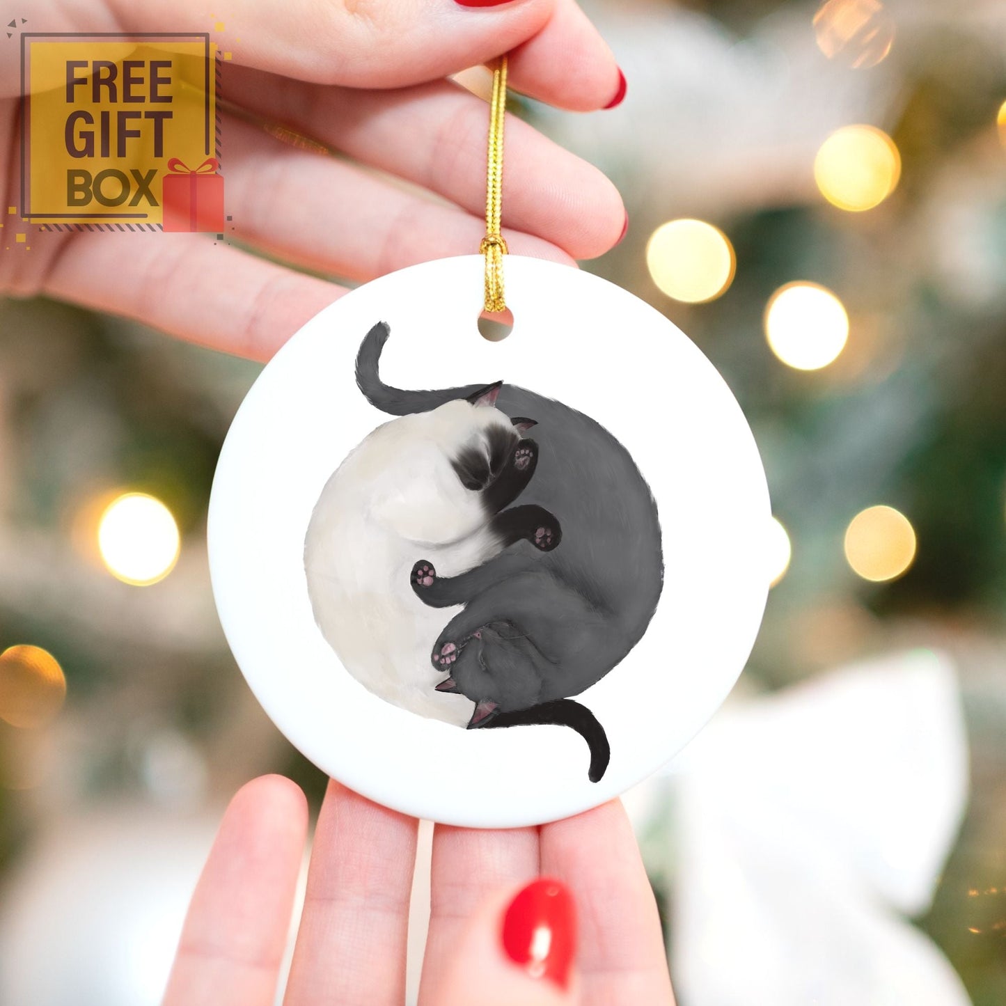 Sleeping Siamese and Gray Cats Ceramic Ornament - MerikaArt