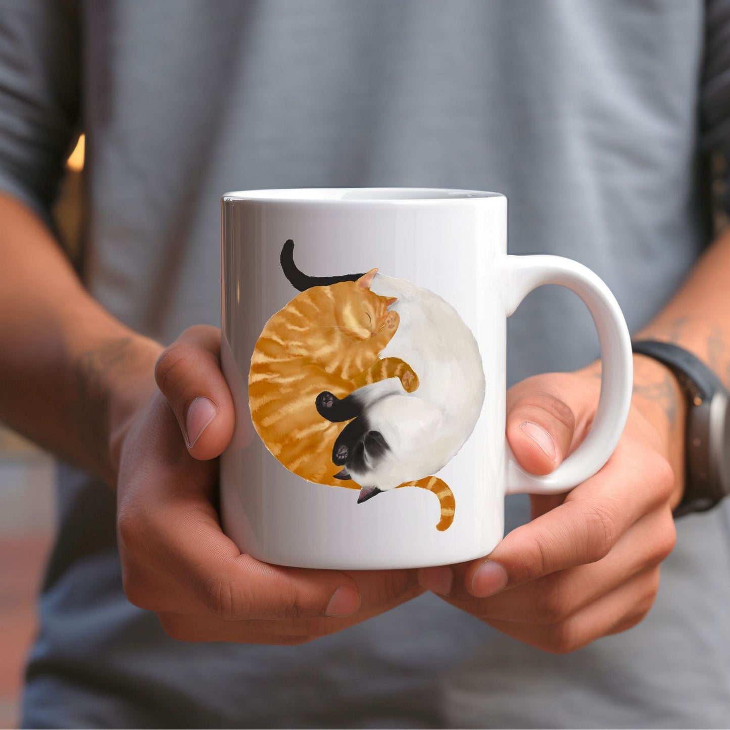 Sleeping Siamese and Orange Cat Mug - MerikaArt