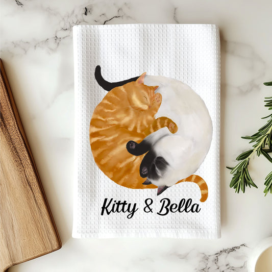 Sleeping Siamese and Orange Cats Kitchen Towel - MerikaArt