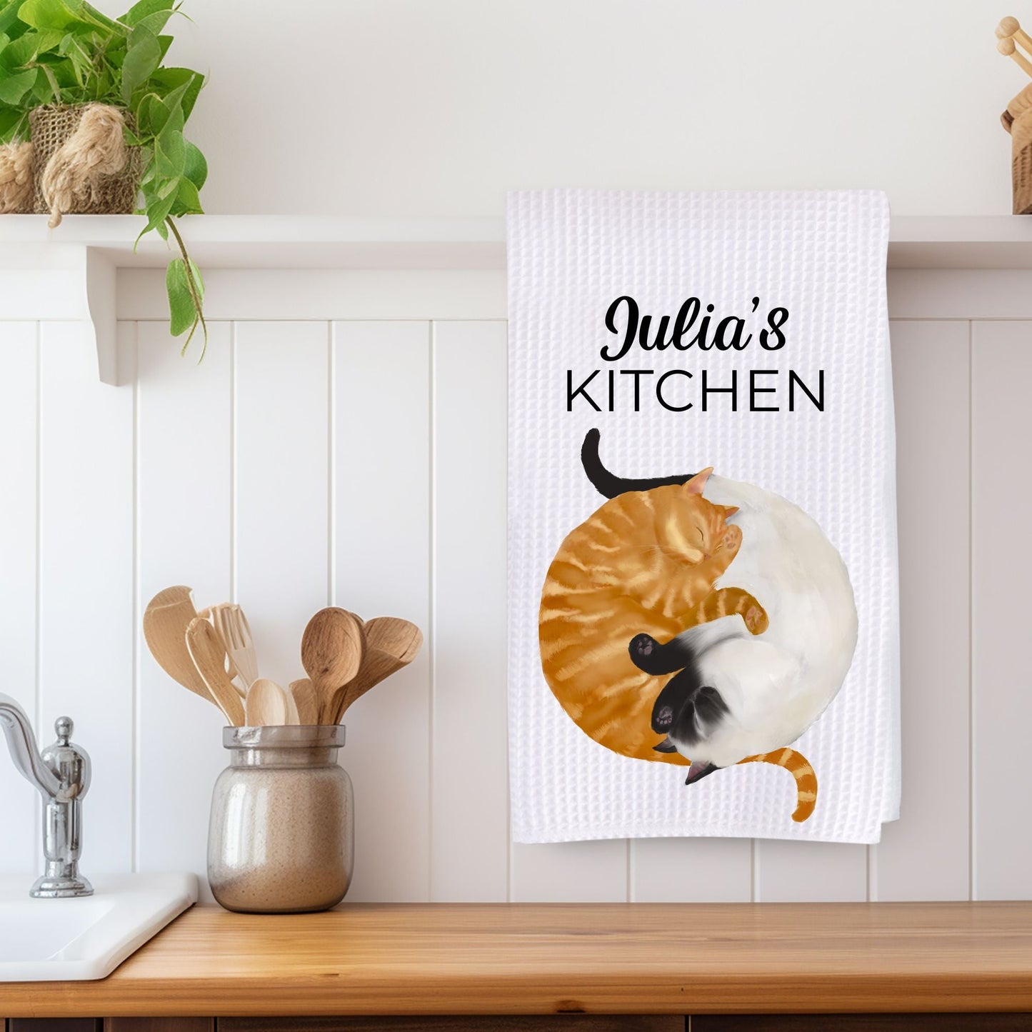 Sleeping Siamese and Orange Cats Kitchen Towel - MerikaArt