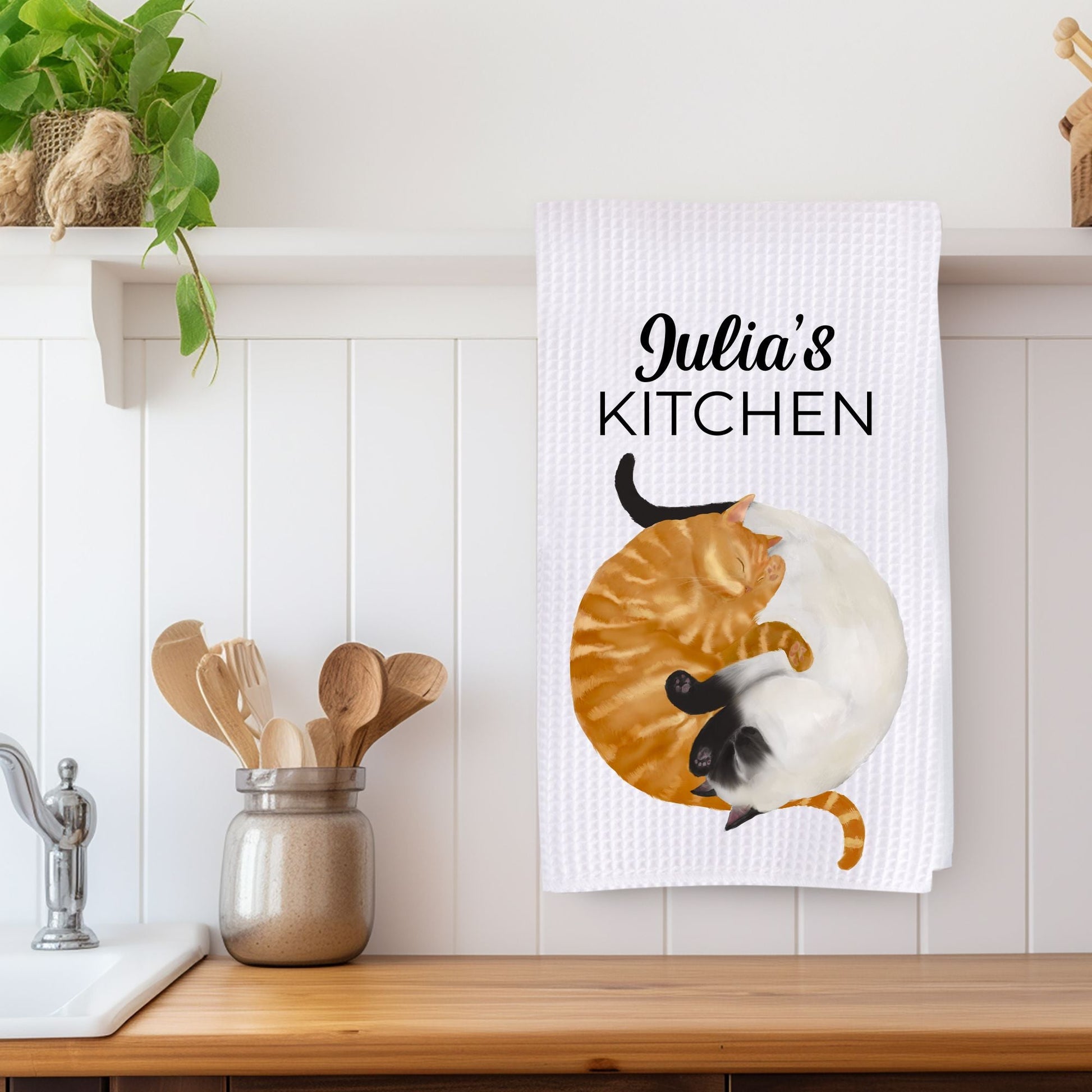 Sleeping Siamese and Orange Cats Kitchen Towel - MerikaArt