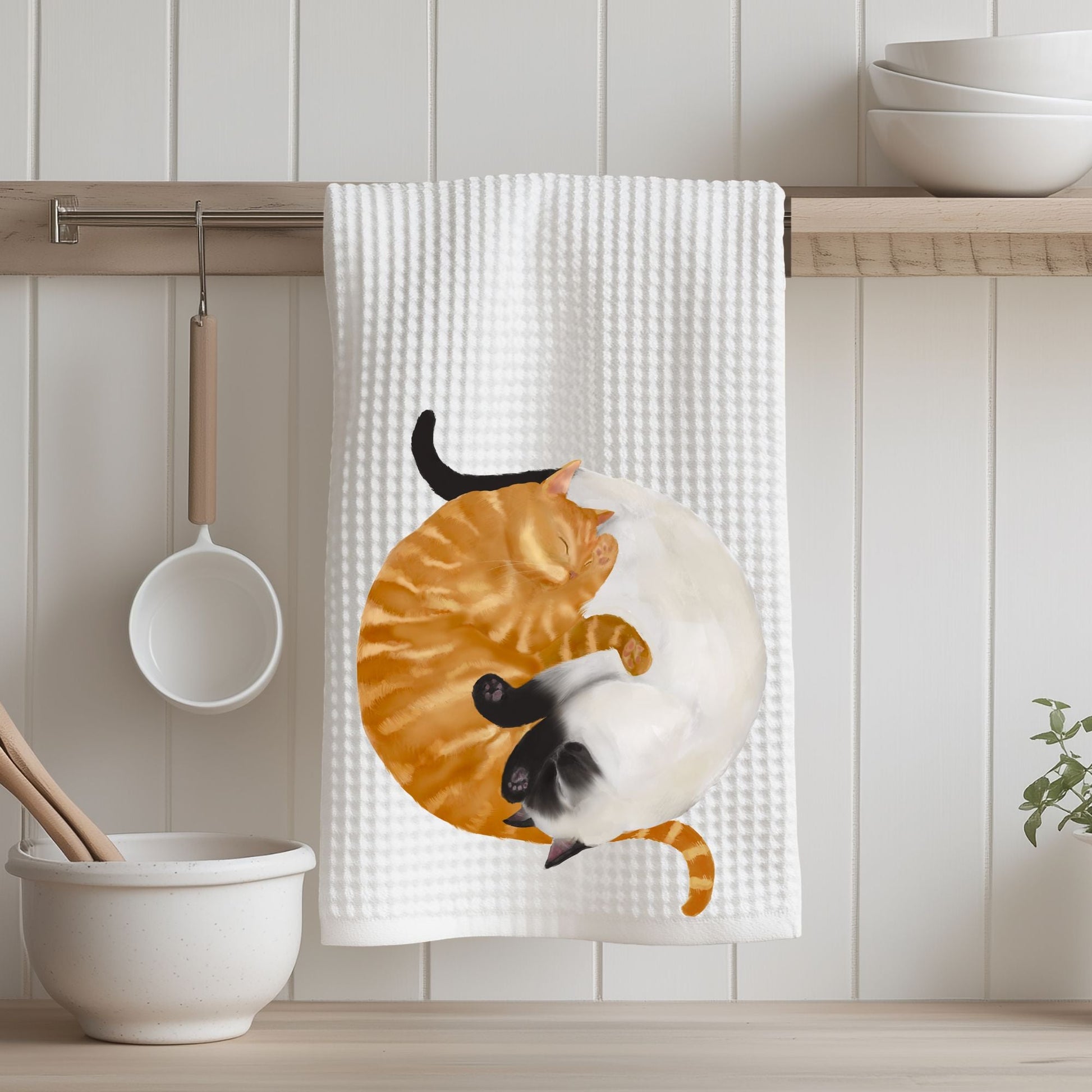 Sleeping Siamese and Orange Cats Kitchen Towel - MerikaArt