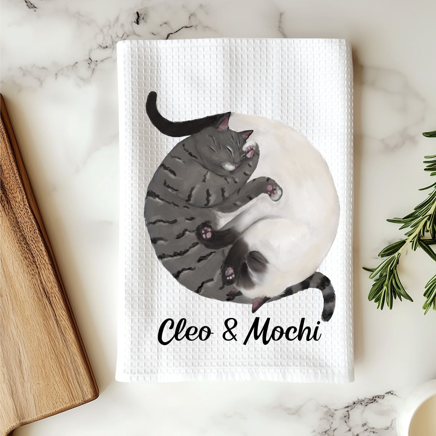 Sleeping Siamese and Tabby Cats Kitchen Towel - MerikaArt