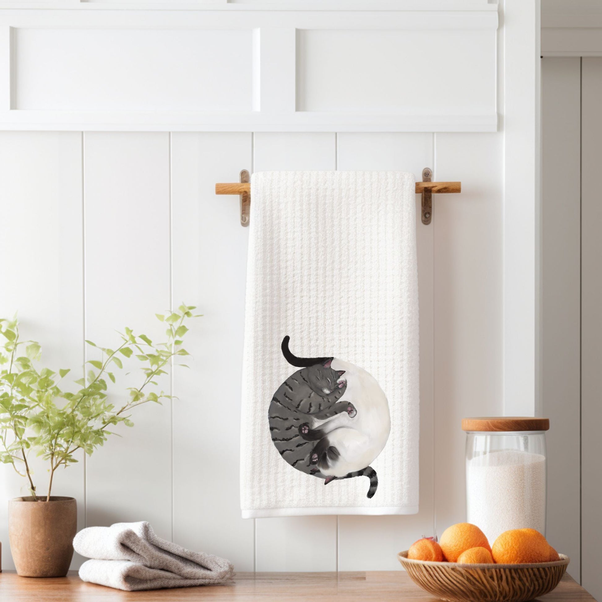 Sleeping Siamese and Tabby Cats Kitchen Towel - MerikaArt