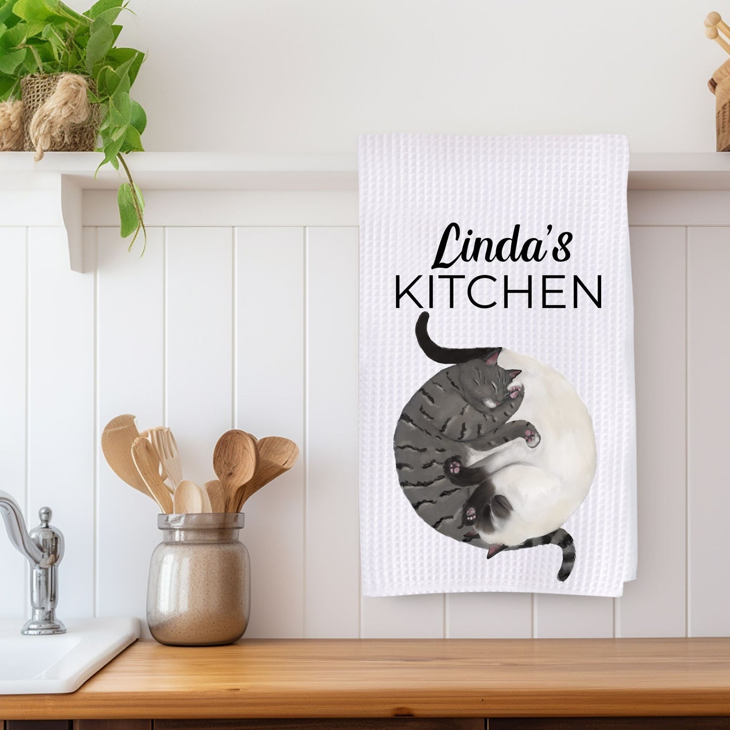 Sleeping Siamese and Tabby Cats Kitchen Towel - MerikaArt
