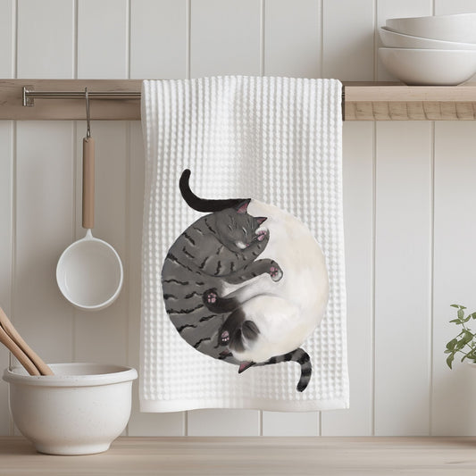 Sleeping Siamese and Tabby Cats Kitchen Towel - MerikaArt