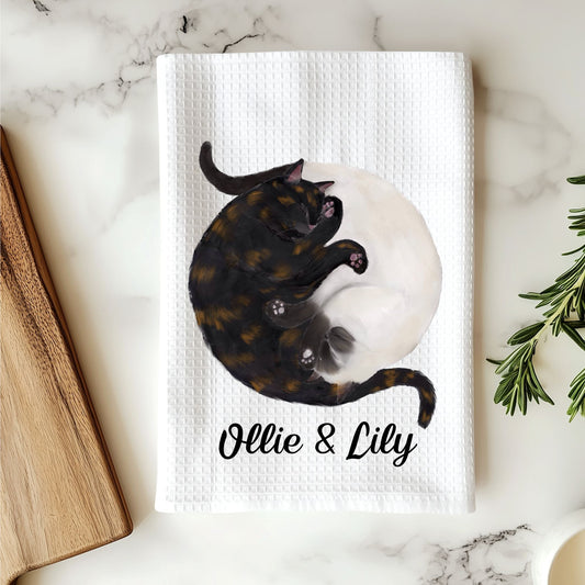 Sleeping Siamese and Tortoiseshell Cats Kitchen Towel - MerikaArt
