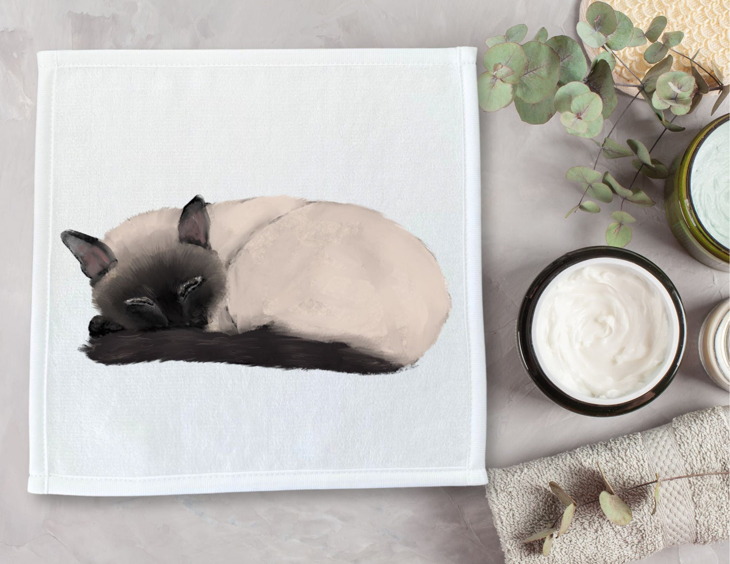 Sleeping Siamese Cat Washcloth - MerikaArt