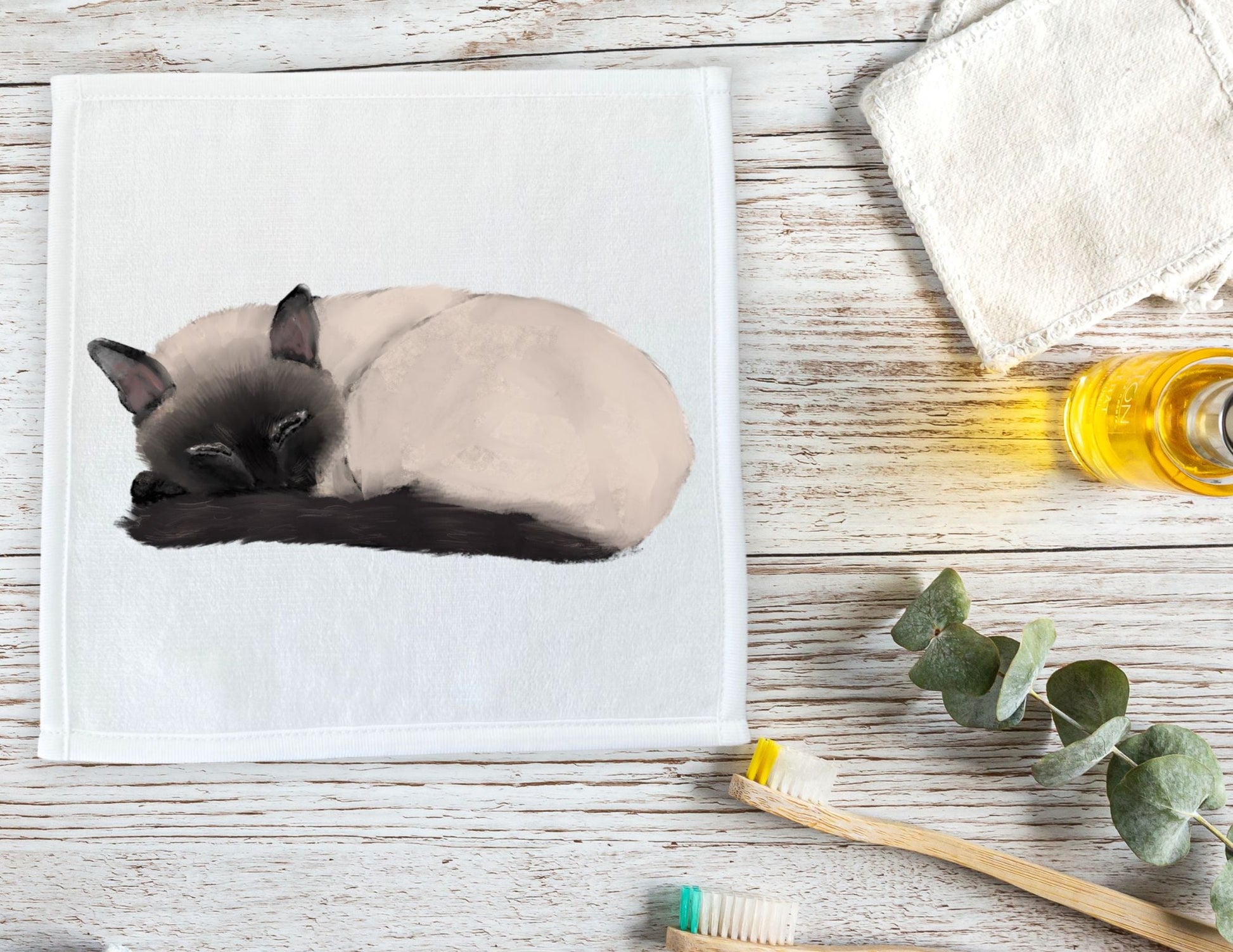 Sleeping Siamese Cat Washcloth - MerikaArt