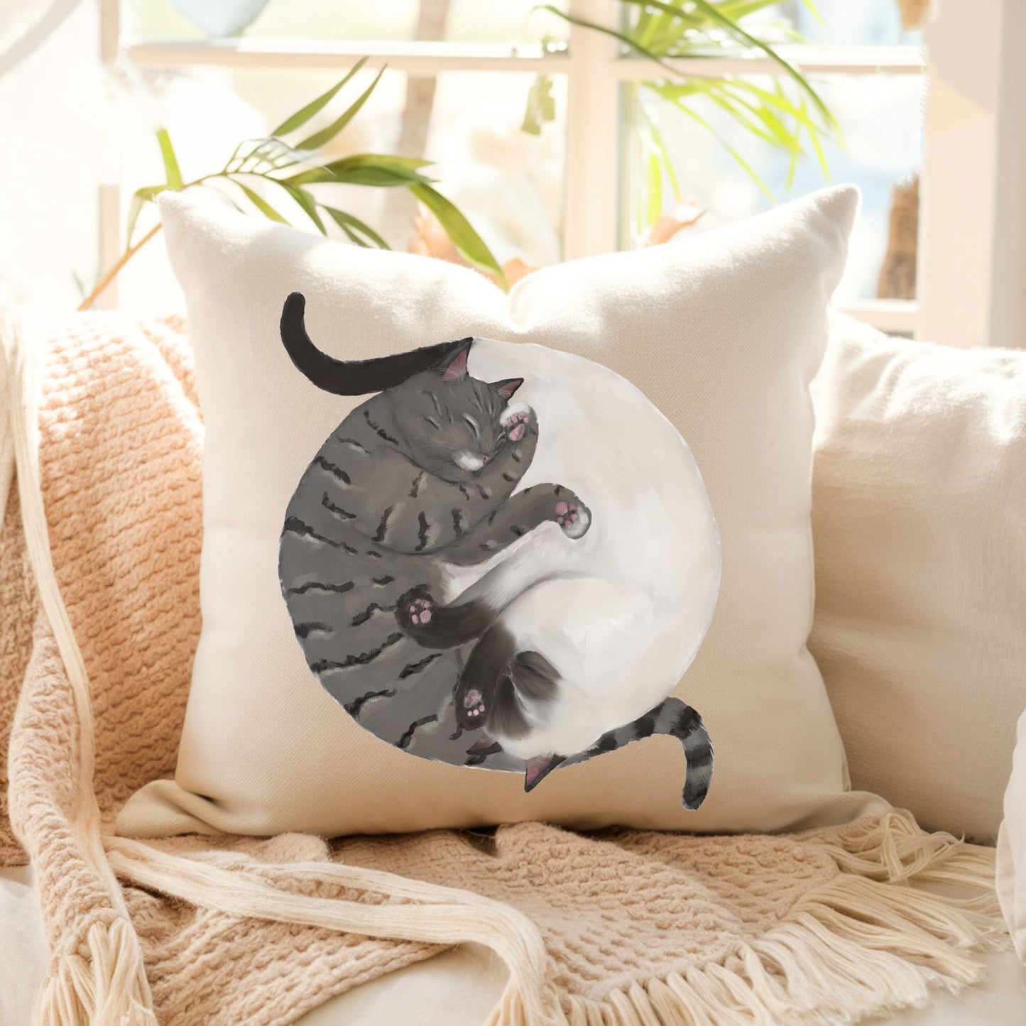 Sleeping Tabby and Siamese Cats Pillow - MerikaArt