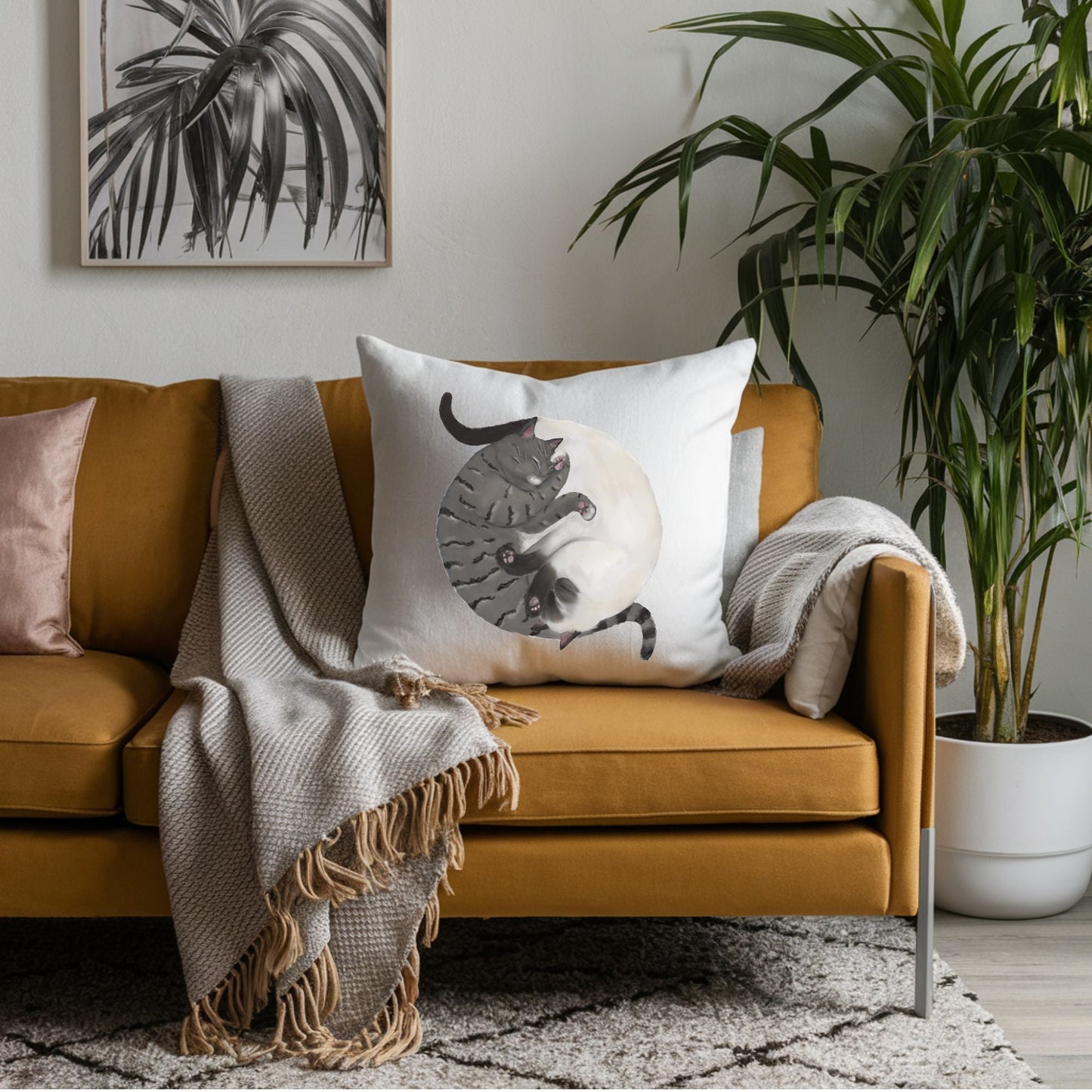 Sleeping Tabby and Siamese Cats Pillow - MerikaArt