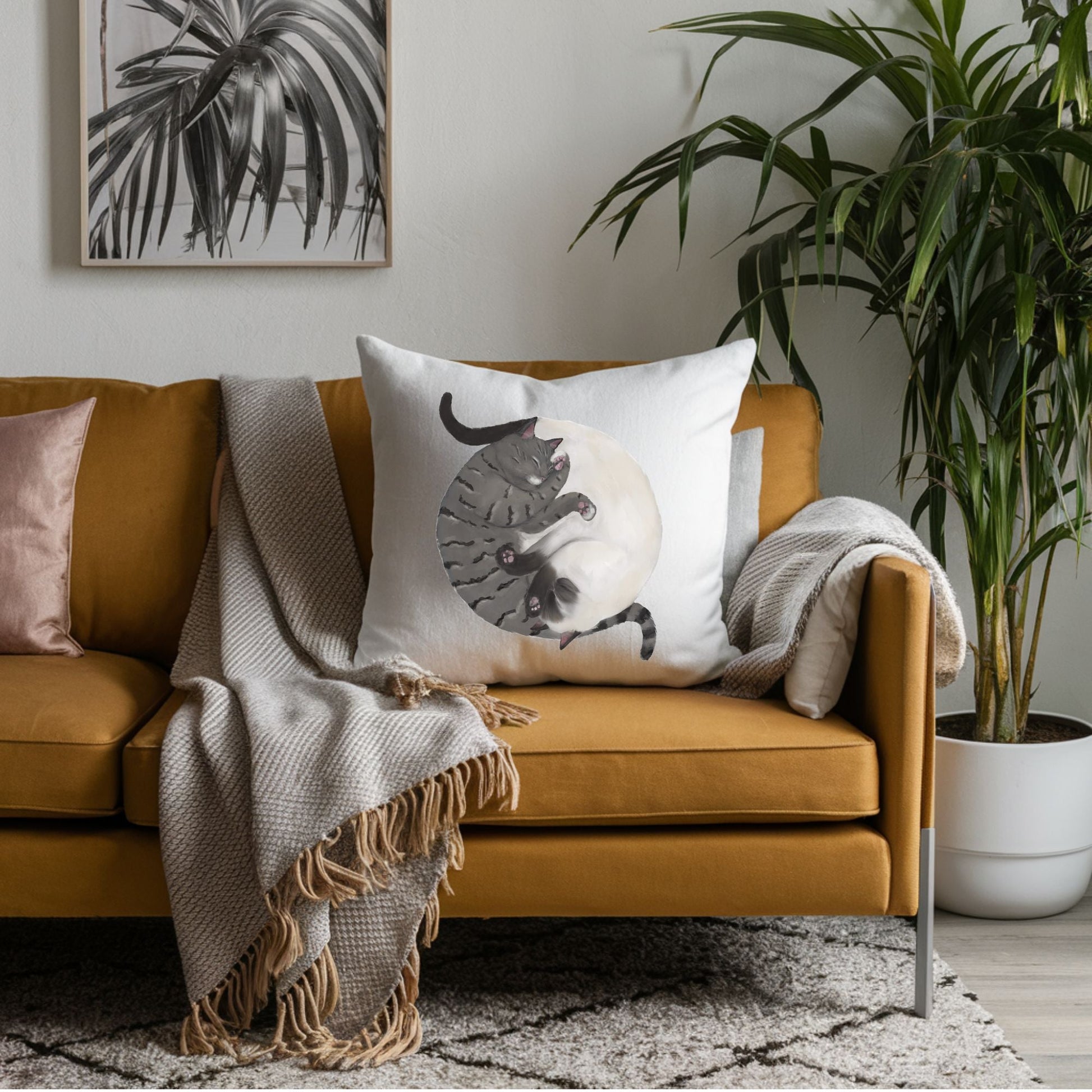 Sleeping Tabby and Siamese Cats Pillow - MerikaArt