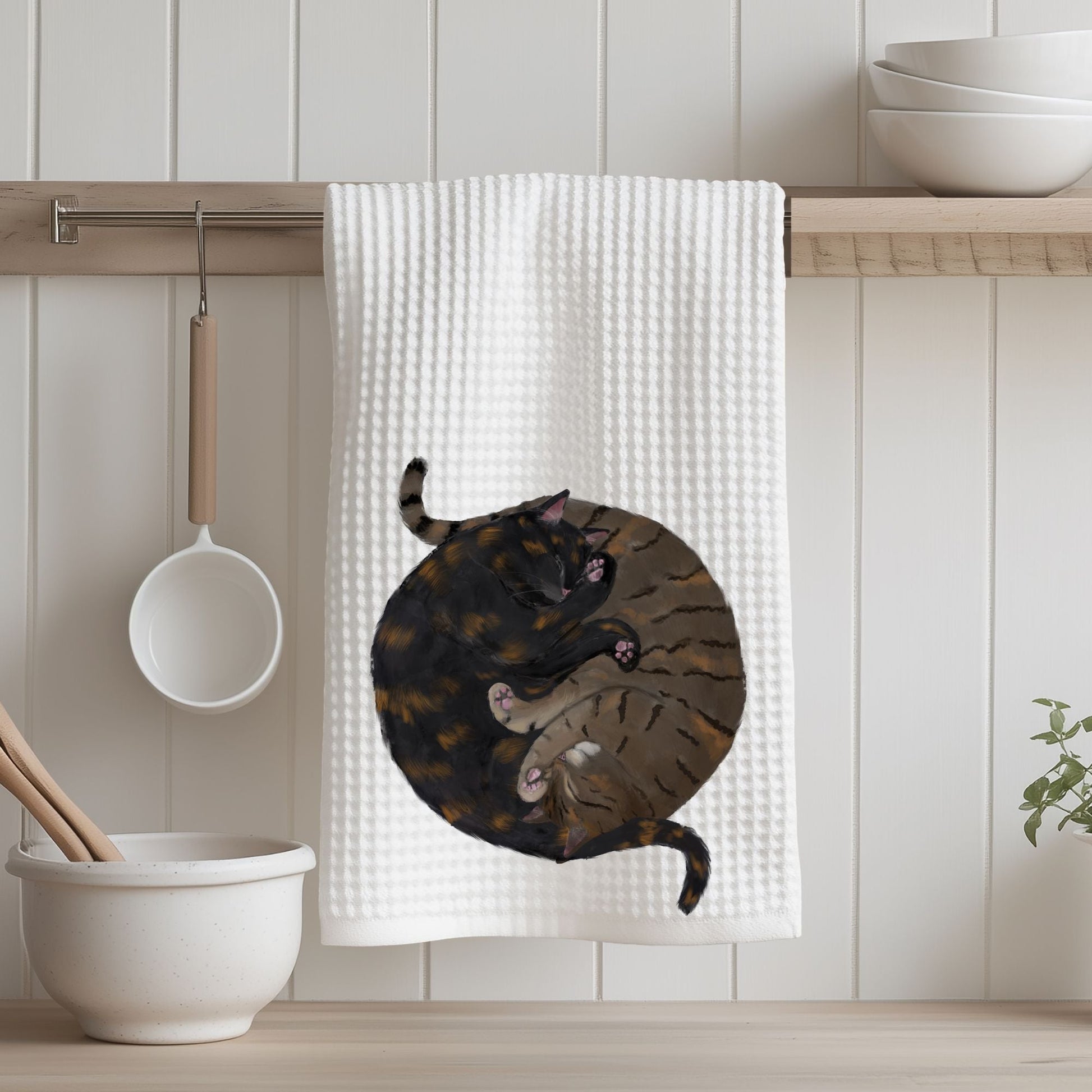 Sleeping Tabby and Tortoiseshell Cat Kitchen Towel - MerikaArt