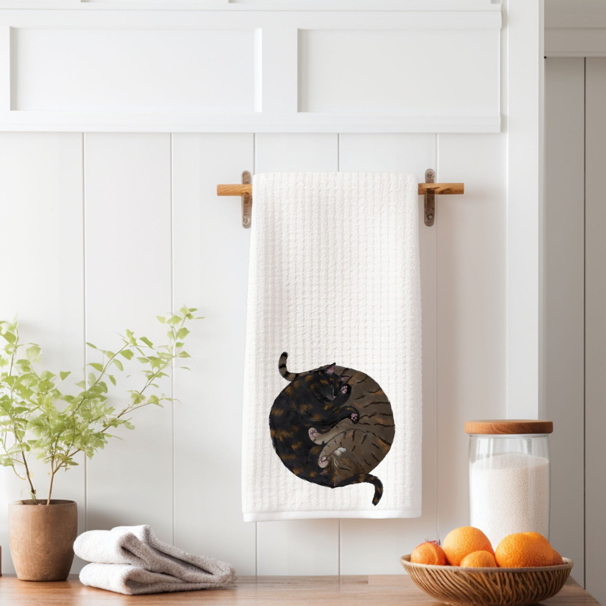 Sleeping Tabby and Tortoiseshell Cat Kitchen Towel - MerikaArt