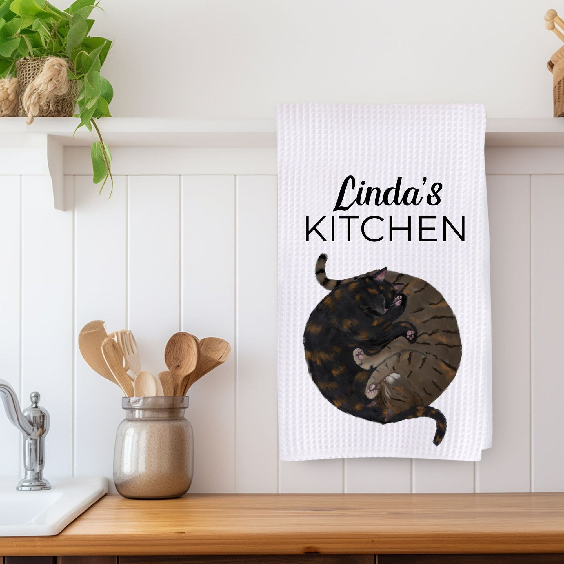 Sleeping Tabby and Tortoiseshell Cat Kitchen Towel - MerikaArt