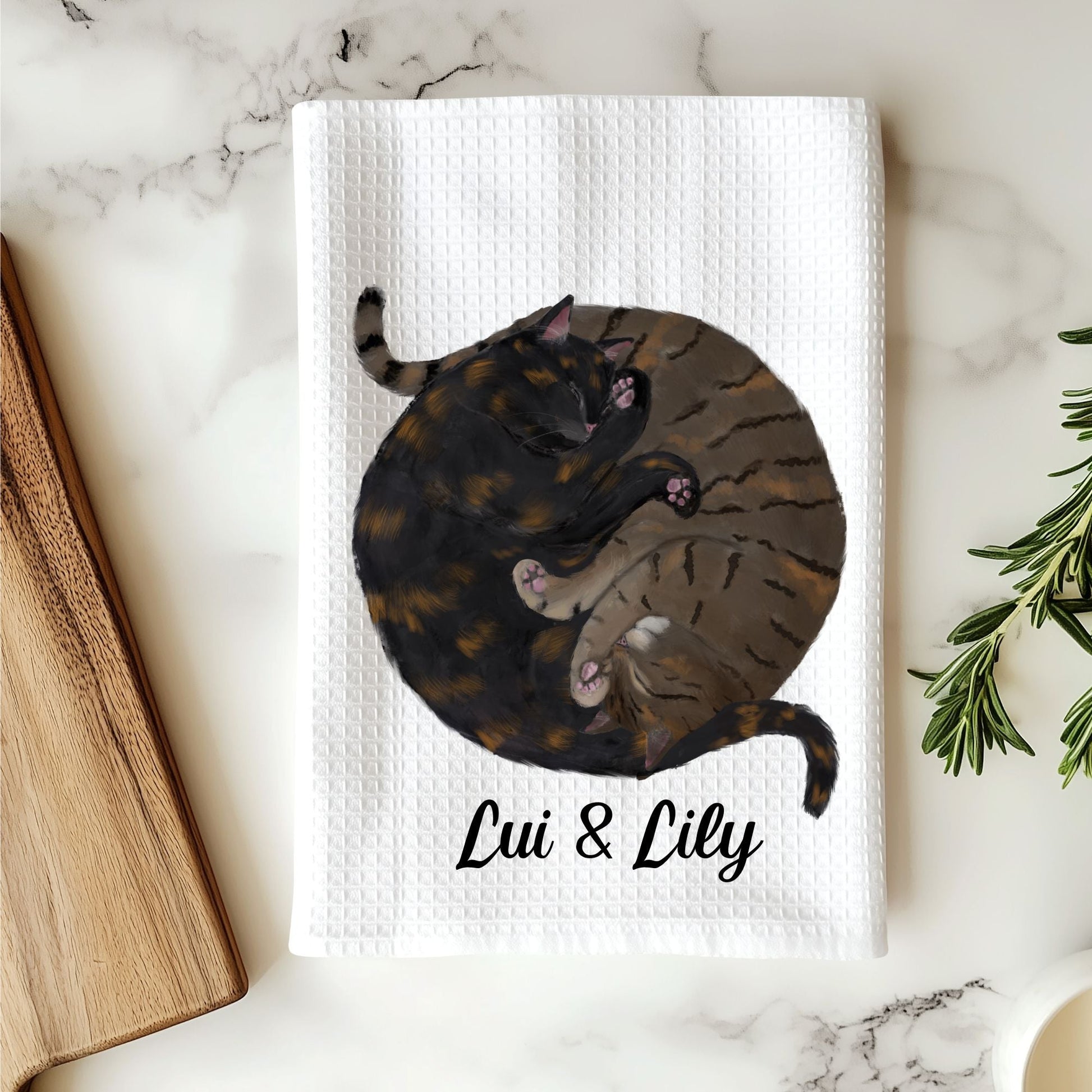 Sleeping Tabby and Tortoiseshell Cat Kitchen Towel - MerikaArt