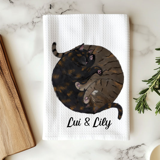Sleeping Tabby and Tortoiseshell Cat Kitchen Towel - MerikaArt