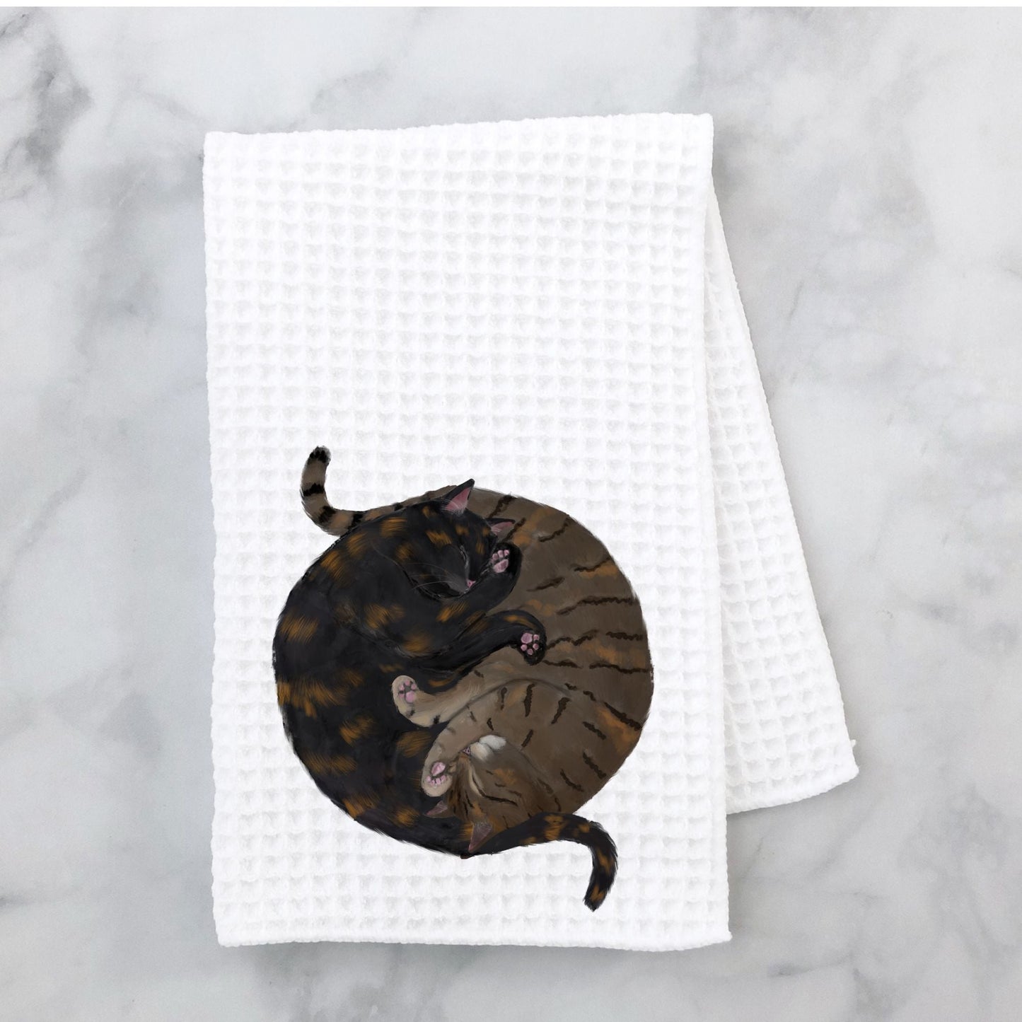 Sleeping Tabby and Tortoiseshell Cat Kitchen Towel - MerikaArt
