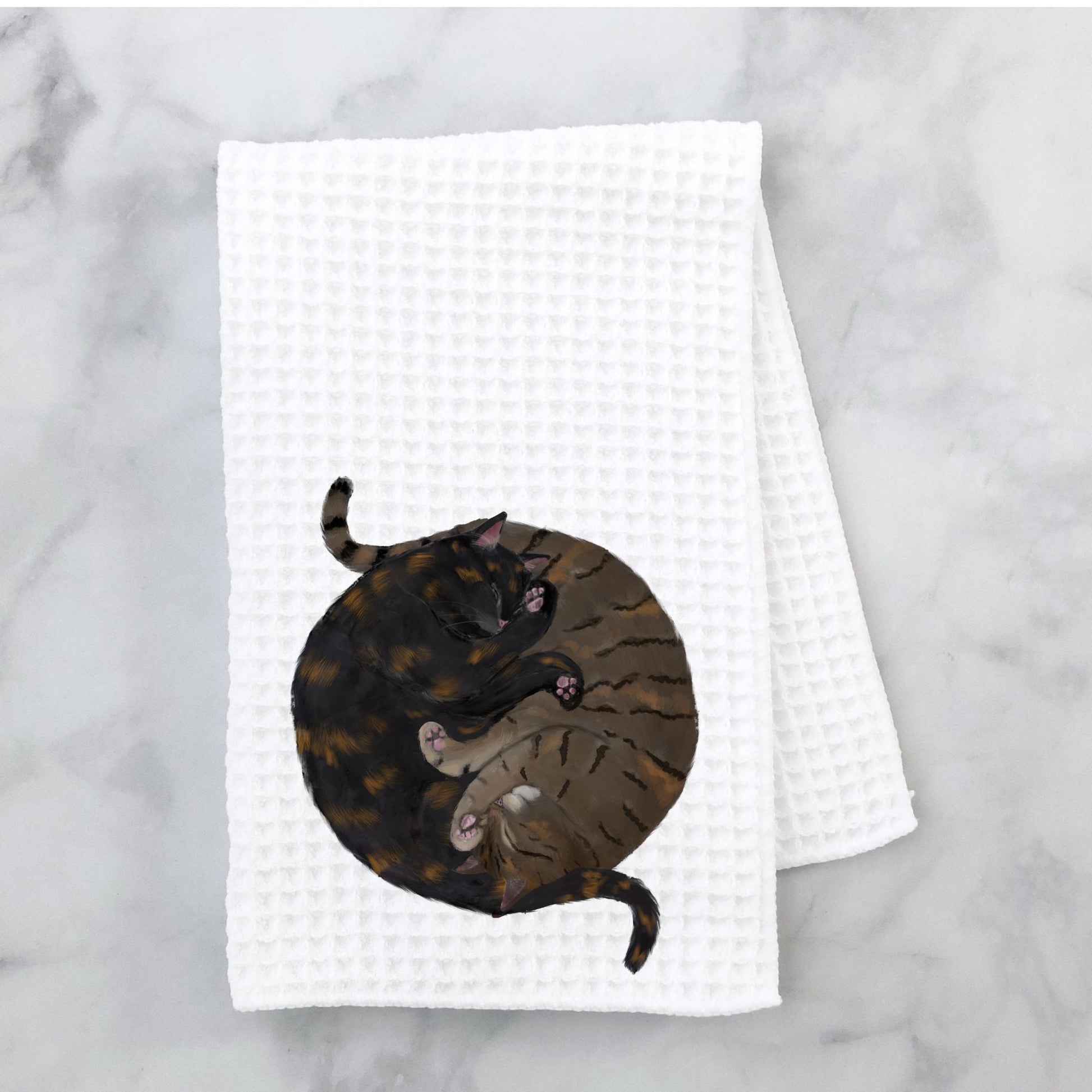 Sleeping Tabby and Tortoiseshell Cat Kitchen Towel - MerikaArt