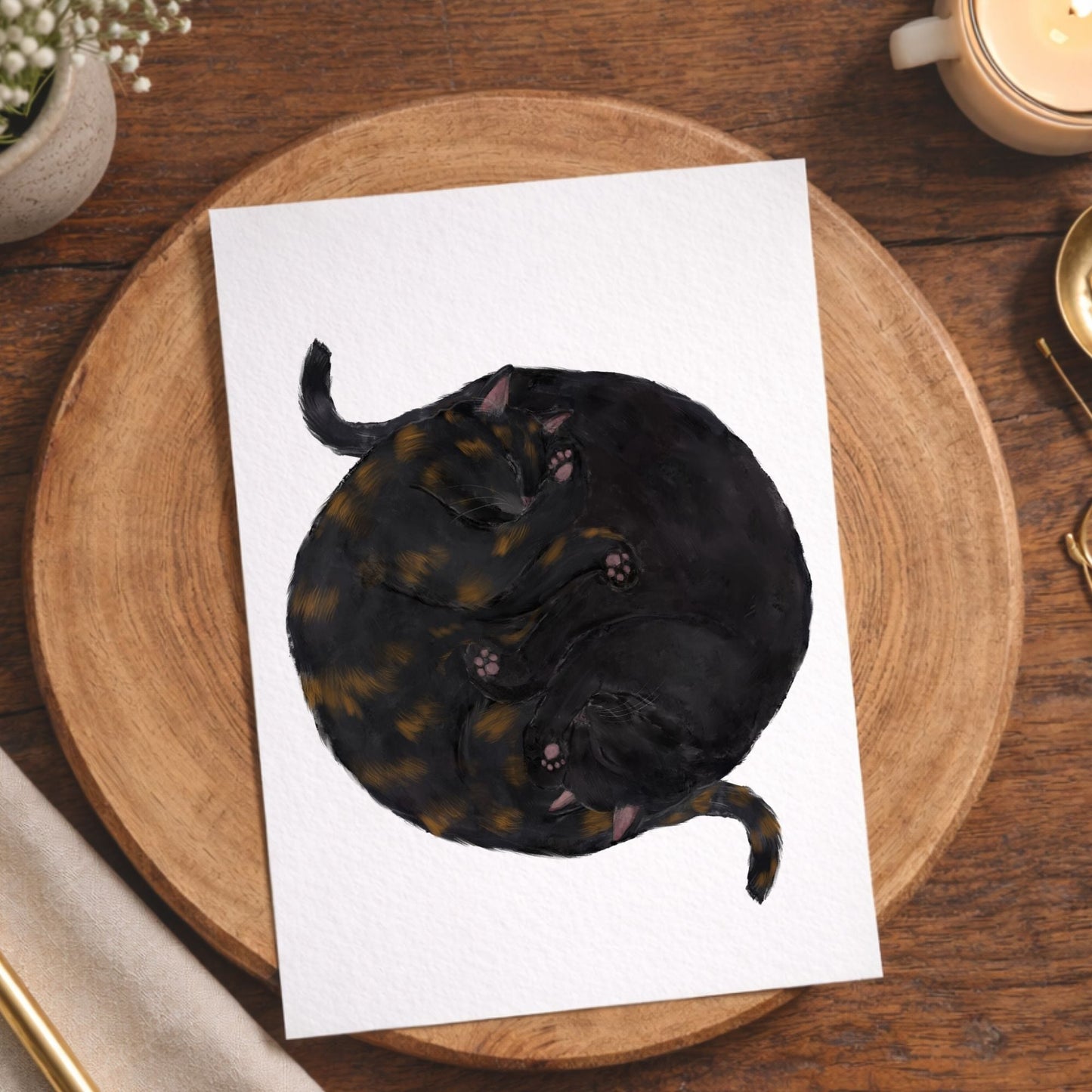 Sleeping Tortoiseshell and Black Cats Postcard - MerikaArt