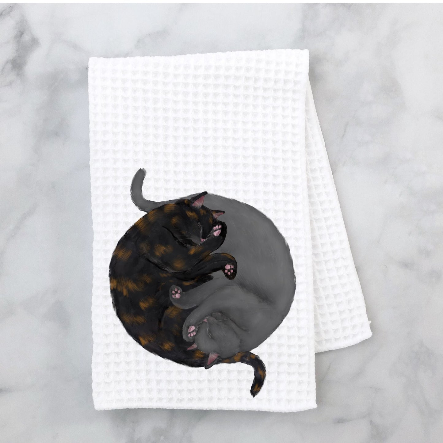 Sleeping Tortoiseshell and Gray Cats Kitchen Towel - MerikaArt