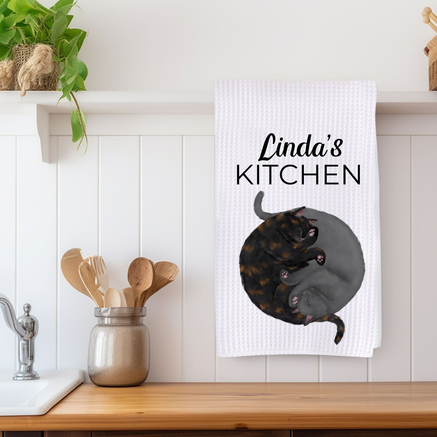 Sleeping Tortoiseshell and Gray Cats Kitchen Towel - MerikaArt