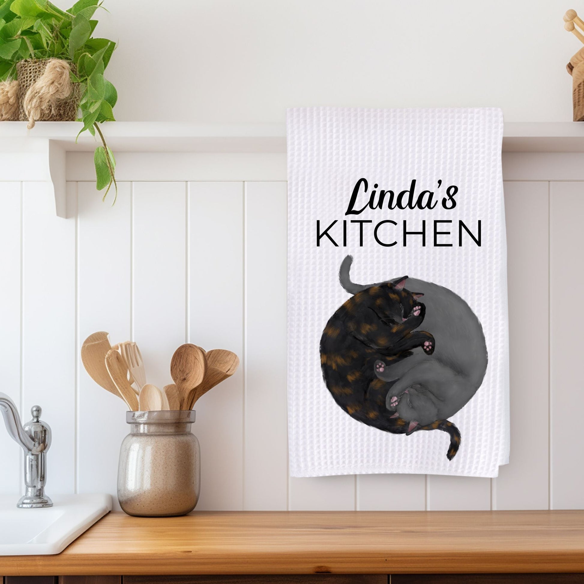 Sleeping Tortoiseshell and Gray Cats Kitchen Towel - MerikaArt