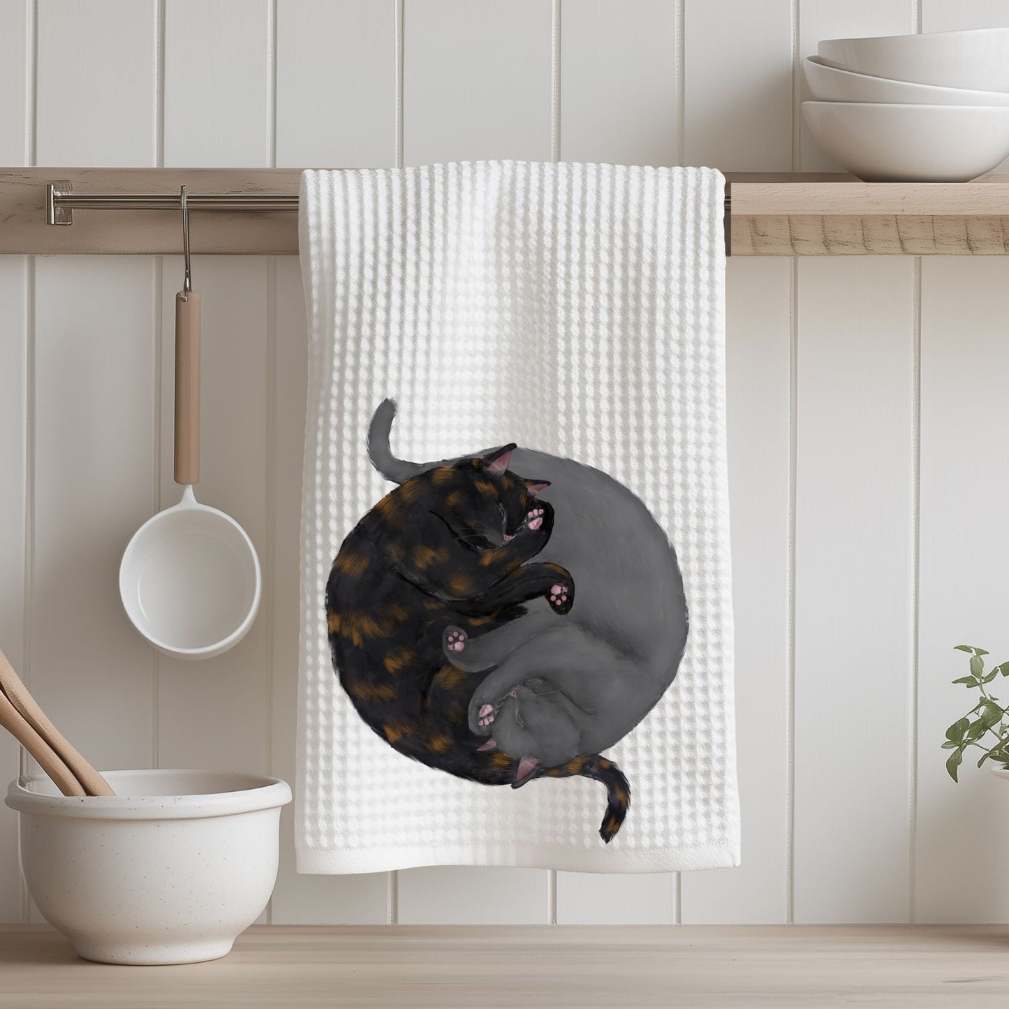 Sleeping Tortoiseshell and Gray Cats Kitchen Towel - MerikaArt