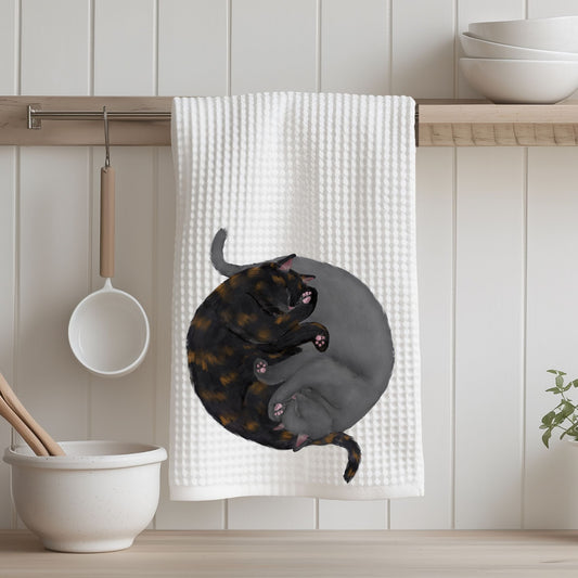 Sleeping Tortoiseshell and Gray Cats Kitchen Towel - MerikaArt
