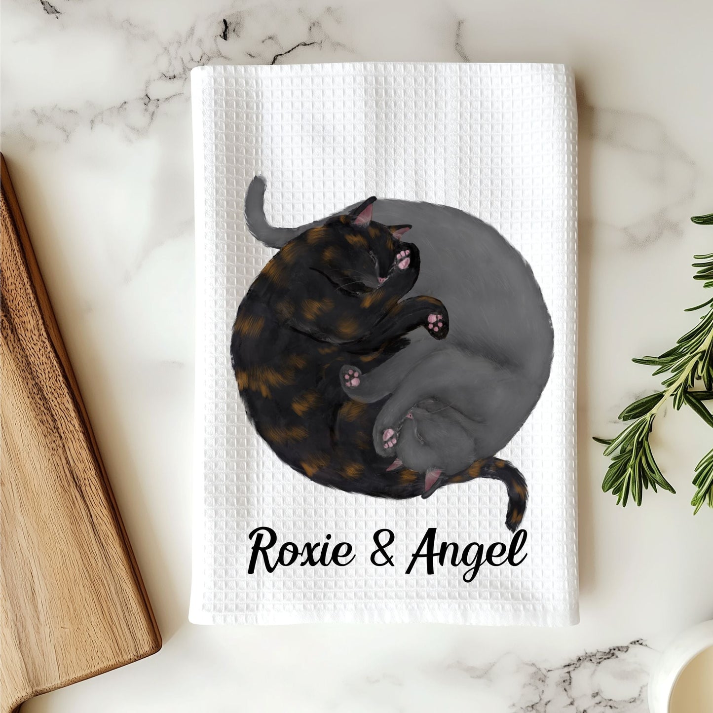Sleeping Tortoiseshell and Gray Cats Kitchen Towel - MerikaArt